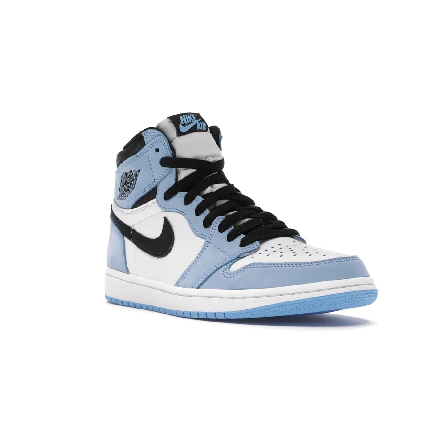 Jordan 1 Retro High White University Blue Black - Image 6 - Only at www.BallersClubKickz.com - Shop the Air Jordan 1 Retro High University Blue. White and black tumbled leather upper with University Blue Durabuck overlays, Nike Air woven label, Air Jordan Wings Logo, white midsole and University Blue outsole. Available March 2021.