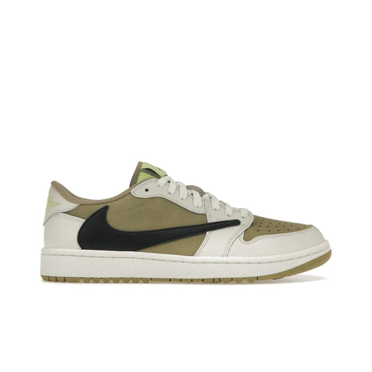Jordan 1 Retro Low Golf Travis Scott Neutral Olive - Image 1 - Only at www.BallersClubKickz.com - Explore the unique Jordan 1 Retro Low Golf Travis Scott Neutral Olive, an olive-green sneaker collaboration between the iconic Jordan Brand and music royalty, Travis Scott. This special pair is tailored for the golf course with altered traction, hardened rubber, and a sleek style perfect for everyday wear. Get your pair and impress the crowd with its signature earth tones.