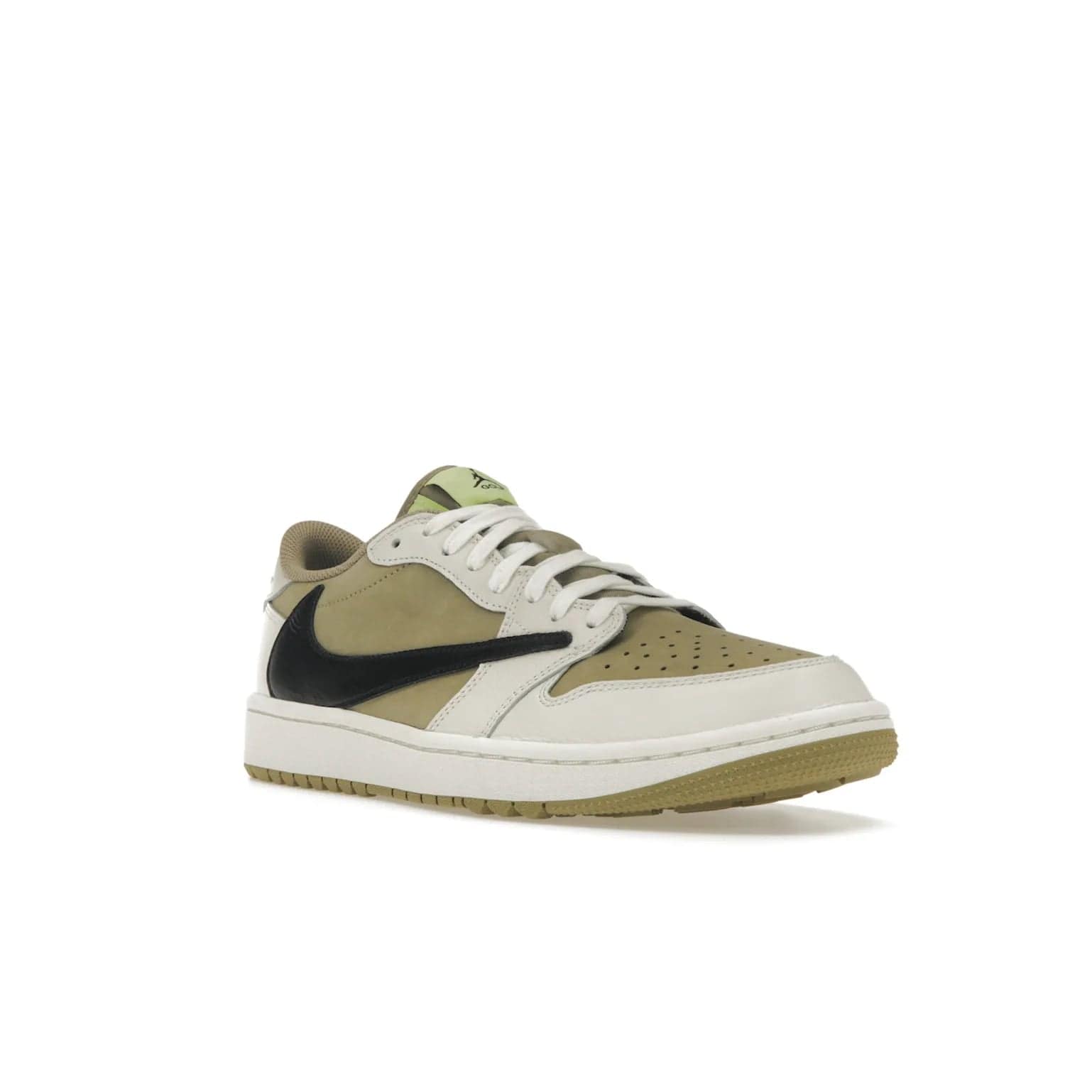 Jordan 1 Retro Low Golf Travis Scott Neutral Olive - Image 6 - Only at www.BallersClubKickz.com - Explore the unique Jordan 1 Retro Low Golf Travis Scott Neutral Olive, an olive-green sneaker collaboration between the iconic Jordan Brand and music royalty, Travis Scott. This special pair is tailored for the golf course with altered traction, hardened rubber, and a sleek style perfect for everyday wear. Get your pair and impress the crowd with its signature earth tones.