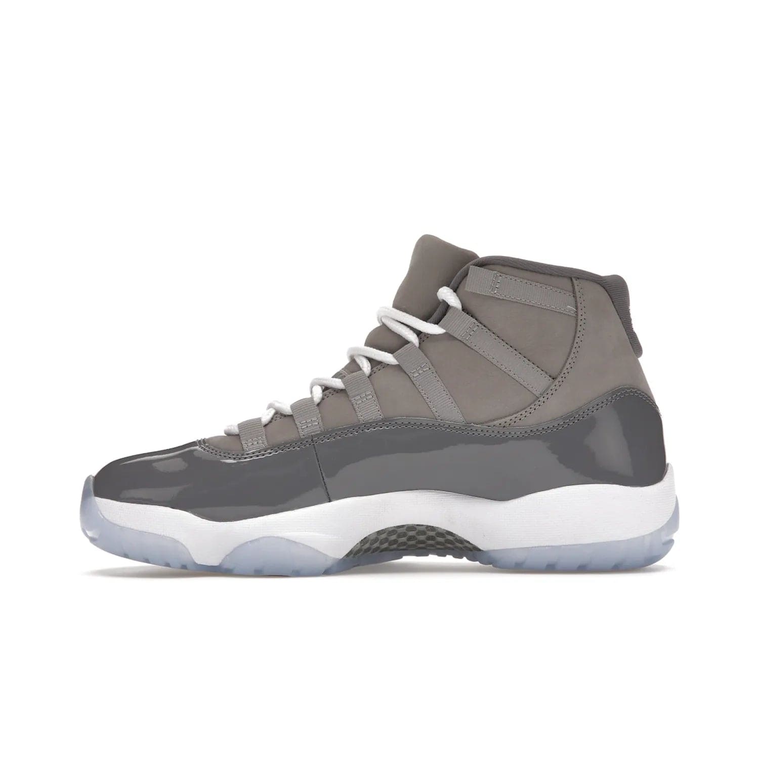 Jordan 11 Retro Cool Grey (2021) - Image 19 - Only at www.BallersClubKickz.com - Shop the Air Jordan 11 Retro Cool Grey (2021) for a must-have sneaker with a Cool Grey Durabuck upper, patent leather overlays, signature Jumpman embroidery, a white midsole, icy blue translucent outsole, and Multi-Color accents.  Released in December 2021 for $225.