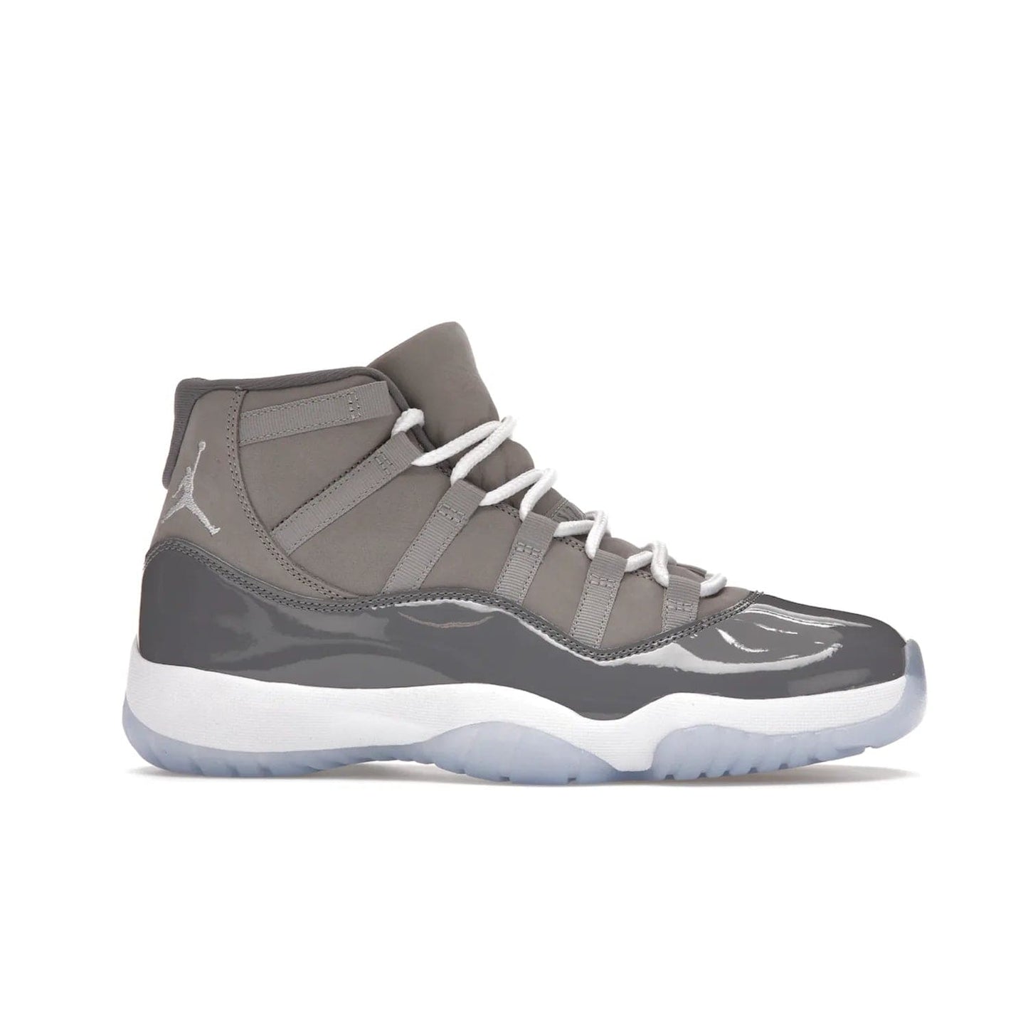 Jordan 11 Retro Cool Grey (2021) - Image 2 - Only at www.BallersClubKickz.com - Shop the Air Jordan 11 Retro Cool Grey (2021) for a must-have sneaker with a Cool Grey Durabuck upper, patent leather overlays, signature Jumpman embroidery, a white midsole, icy blue translucent outsole, and Multi-Color accents.  Released in December 2021 for $225.