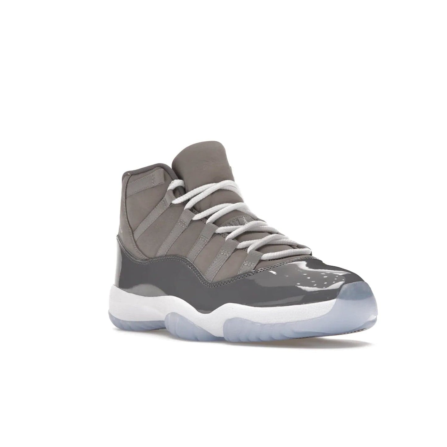 Jordan 11 Retro Cool Grey (2021) - Image 6 - Only at www.BallersClubKickz.com - Shop the Air Jordan 11 Retro Cool Grey (2021) for a must-have sneaker with a Cool Grey Durabuck upper, patent leather overlays, signature Jumpman embroidery, a white midsole, icy blue translucent outsole, and Multi-Color accents.  Released in December 2021 for $225.