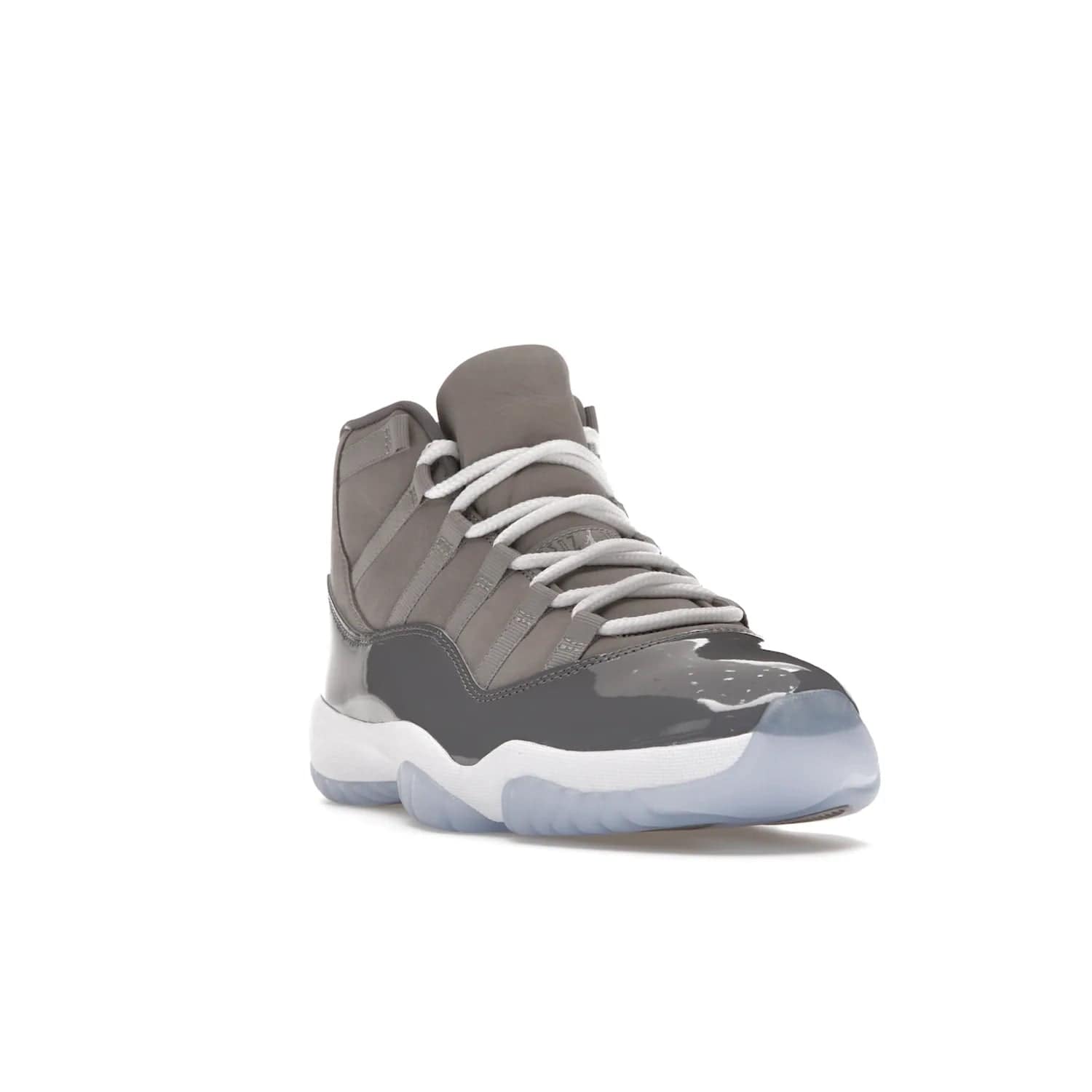 Jordan 11 Retro Cool Grey (2021) - Image 7 - Only at www.BallersClubKickz.com - Shop the Air Jordan 11 Retro Cool Grey (2021) for a must-have sneaker with a Cool Grey Durabuck upper, patent leather overlays, signature Jumpman embroidery, a white midsole, icy blue translucent outsole, and Multi-Color accents.  Released in December 2021 for $225.