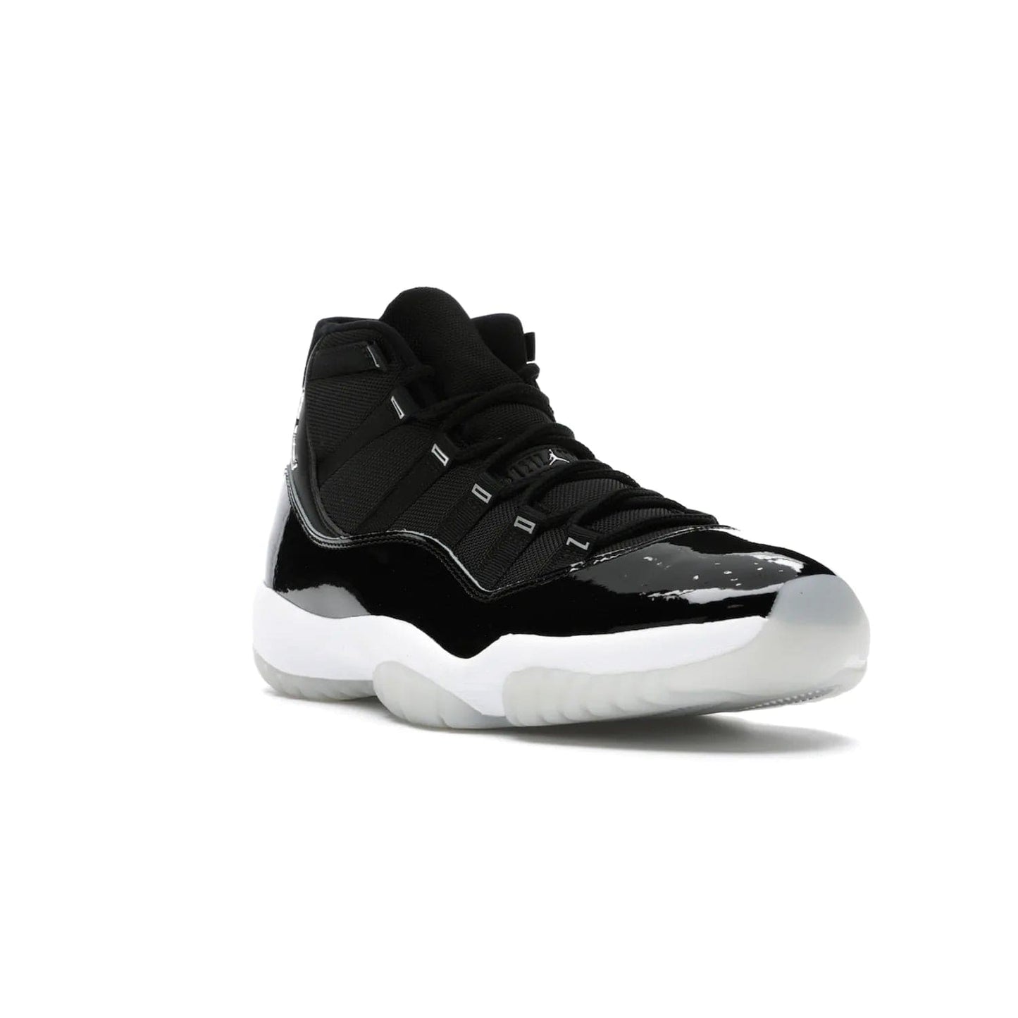 Jordan 11 Retro Jubilee 25th Anniversary - Image 6 - Only at www.BallersClubKickz.com - Celebrate 25 years of iconic style and performance with the Jordan 11 Retro Jubilee 25th Anniversary. Re-released by Nike and Michael Jordan in 2020 to commemorate the legendary Tinker Hatfield design, this shoe features a luxurious black leather upper, white midsole, and foggy translucent outsole. Carbon fiber plating ensures superior power and stability. Add this masterpiece to your collection today.