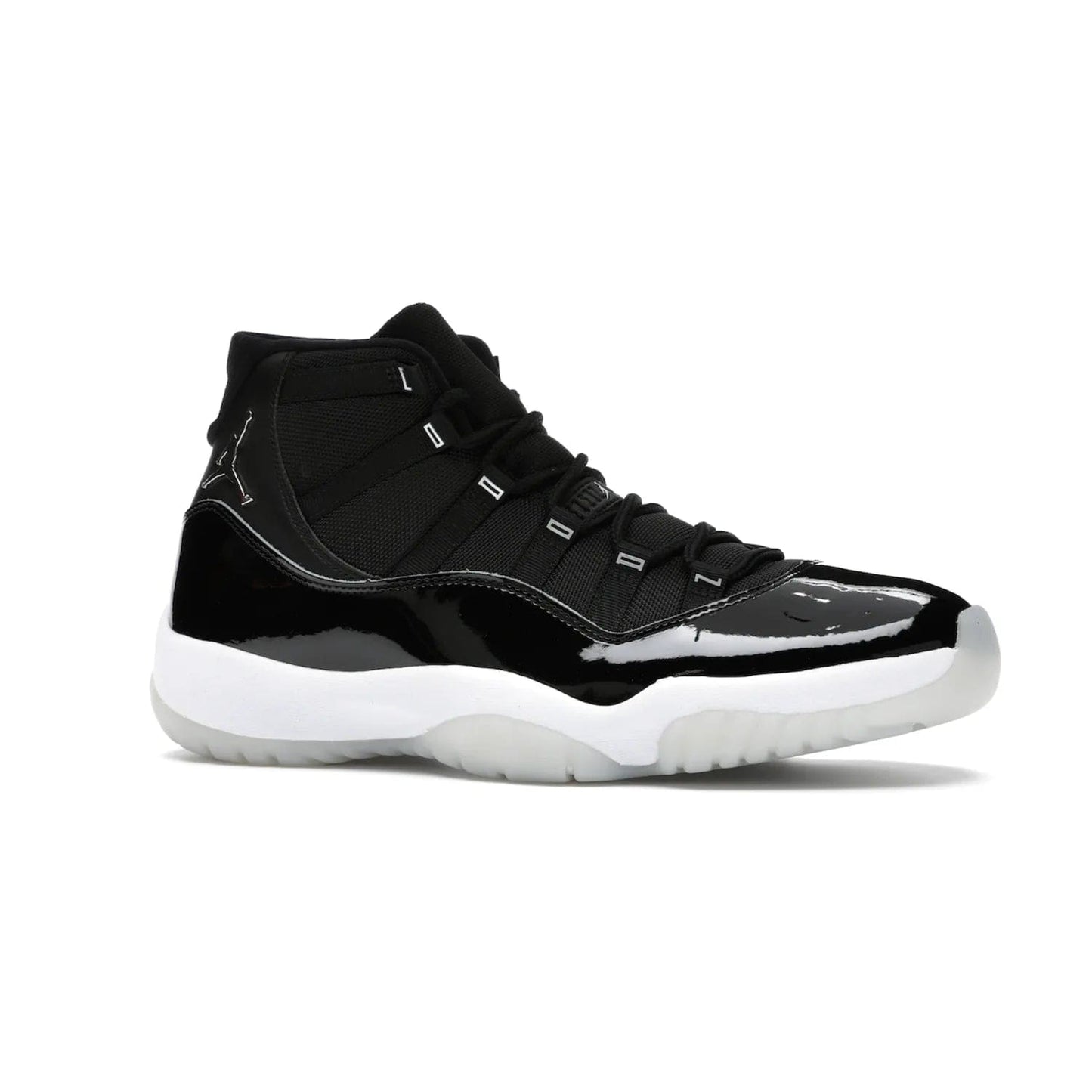 Jordan 11 Retro Jubilee 25th Anniversary - Image 3 - Only at www.BallersClubKickz.com - Celebrate 25 years of iconic style and performance with the Jordan 11 Retro Jubilee 25th Anniversary. Re-released by Nike and Michael Jordan in 2020 to commemorate the legendary Tinker Hatfield design, this shoe features a luxurious black leather upper, white midsole, and foggy translucent outsole. Carbon fiber plating ensures superior power and stability. Add this masterpiece to your collection today.