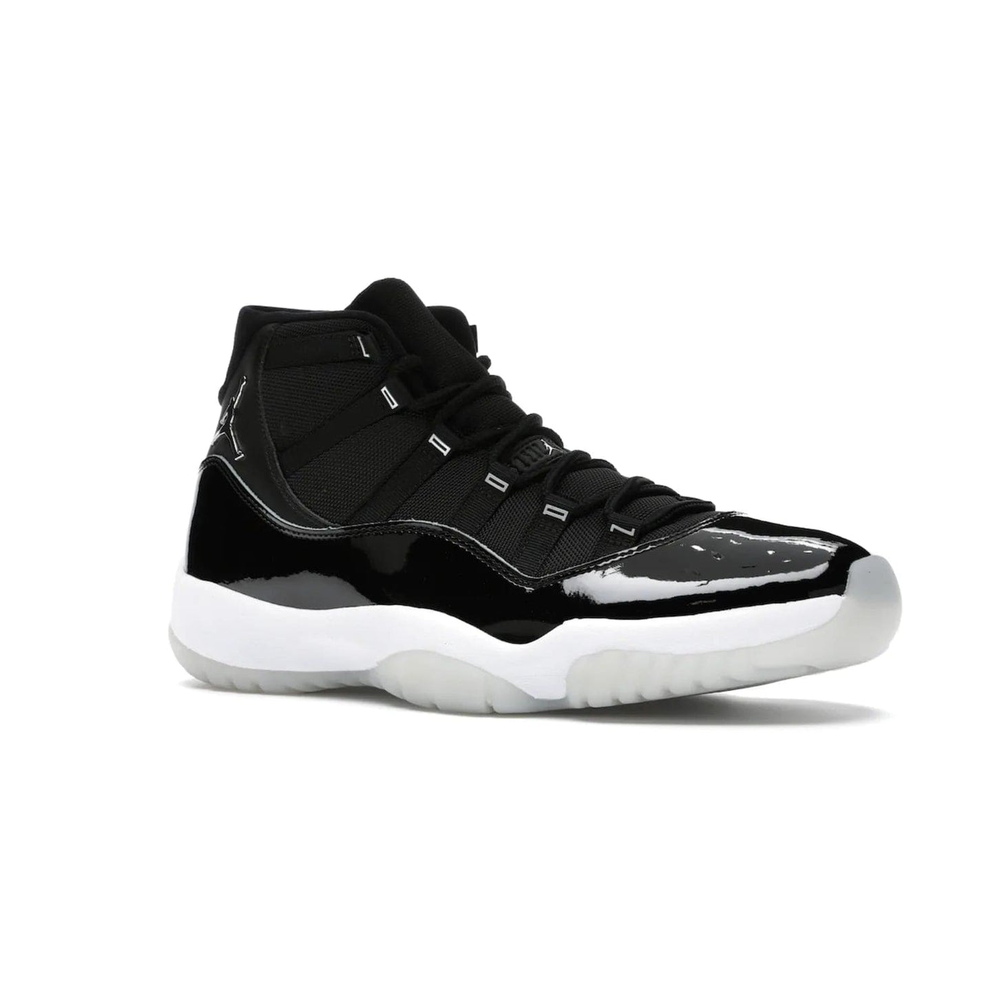 Jordan 11 Retro Jubilee 25th Anniversary - Image 4 - Only at www.BallersClubKickz.com - Celebrate 25 years of iconic style and performance with the Jordan 11 Retro Jubilee 25th Anniversary. Re-released by Nike and Michael Jordan in 2020 to commemorate the legendary Tinker Hatfield design, this shoe features a luxurious black leather upper, white midsole, and foggy translucent outsole. Carbon fiber plating ensures superior power and stability. Add this masterpiece to your collection today.