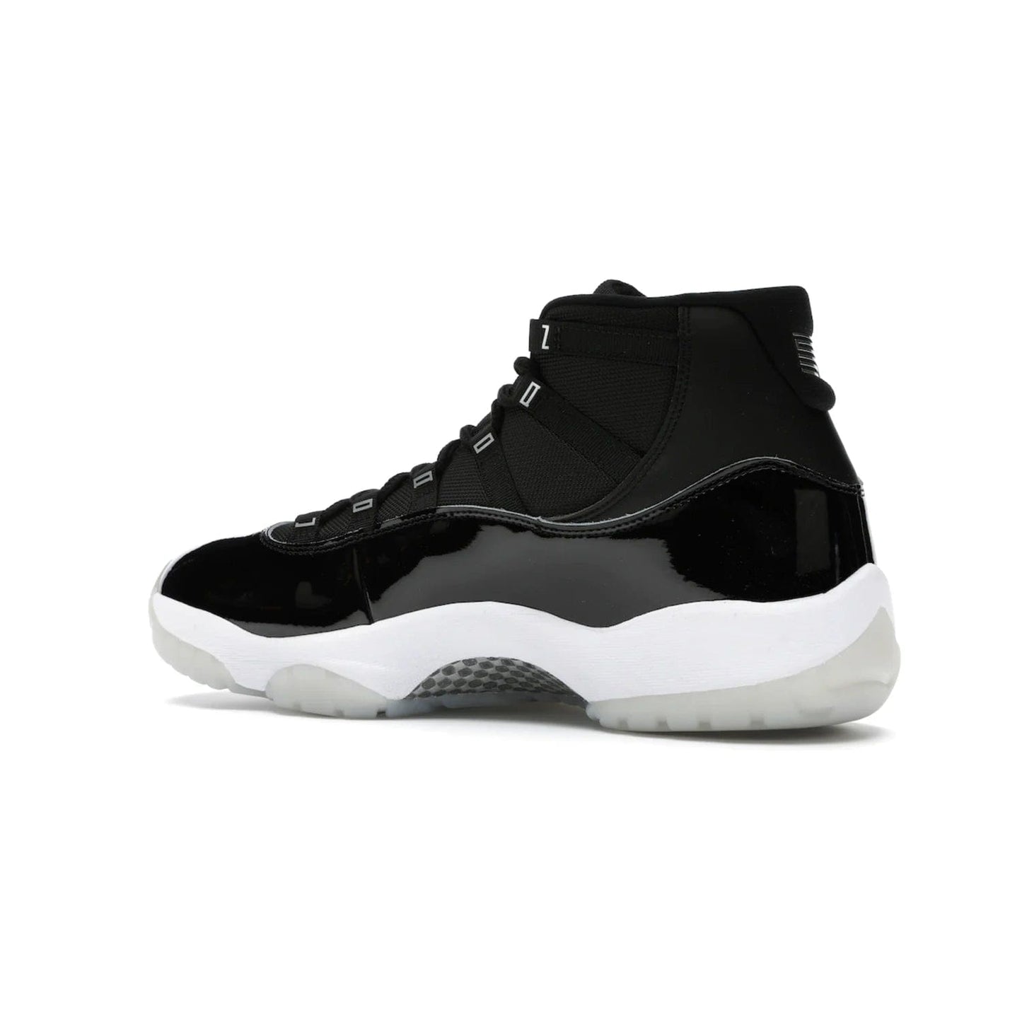 Jordan 11 Retro Jubilee 25th Anniversary - Image 22 - Only at www.BallersClubKickz.com - Celebrate 25 years of iconic style and performance with the Jordan 11 Retro Jubilee 25th Anniversary. Re-released by Nike and Michael Jordan in 2020 to commemorate the legendary Tinker Hatfield design, this shoe features a luxurious black leather upper, white midsole, and foggy translucent outsole. Carbon fiber plating ensures superior power and stability. Add this masterpiece to your collection today.