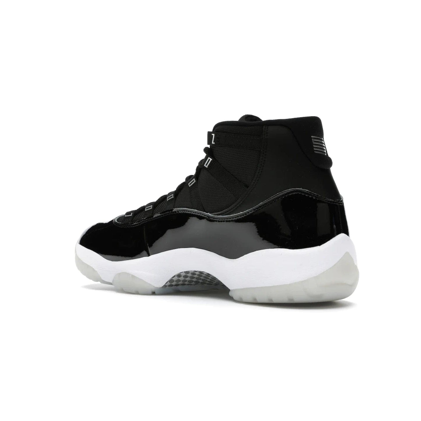 Jordan 11 Retro Jubilee 25th Anniversary - Image 23 - Only at www.BallersClubKickz.com - Celebrate 25 years of iconic style and performance with the Jordan 11 Retro Jubilee 25th Anniversary. Re-released by Nike and Michael Jordan in 2020 to commemorate the legendary Tinker Hatfield design, this shoe features a luxurious black leather upper, white midsole, and foggy translucent outsole. Carbon fiber plating ensures superior power and stability. Add this masterpiece to your collection today.