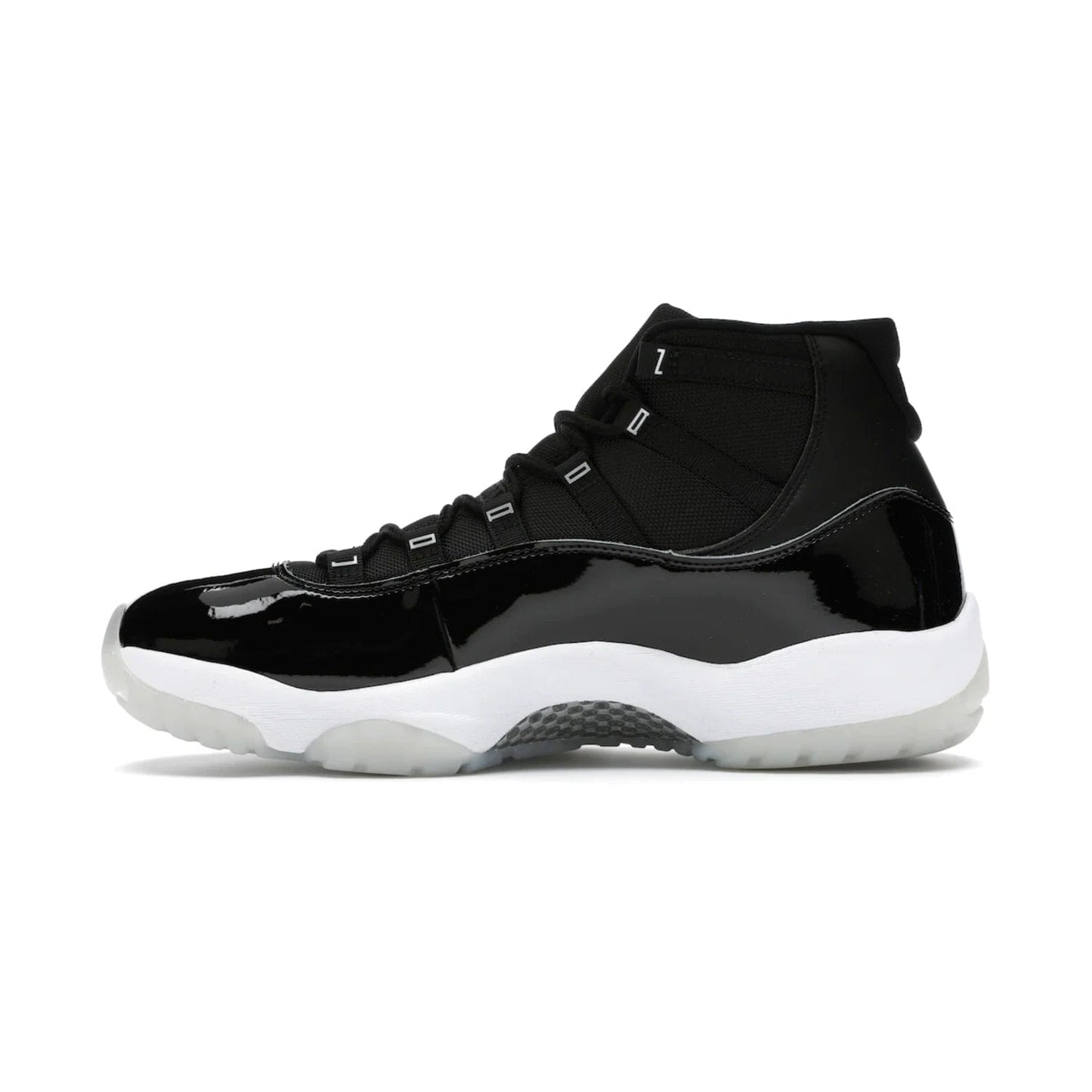 Jordan 11 Retro Jubilee 25th Anniversary - Image 19 - Only at www.BallersClubKickz.com - Celebrate 25 years of iconic style and performance with the Jordan 11 Retro Jubilee 25th Anniversary. Re-released by Nike and Michael Jordan in 2020 to commemorate the legendary Tinker Hatfield design, this shoe features a luxurious black leather upper, white midsole, and foggy translucent outsole. Carbon fiber plating ensures superior power and stability. Add this masterpiece to your collection today.