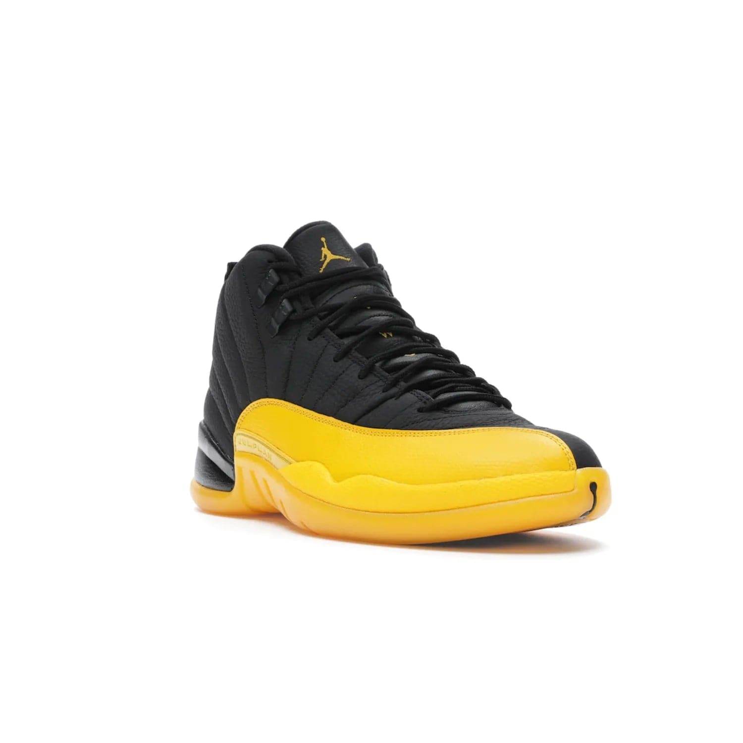 Jordan 12 Retro Black University Gold - Image 6 - Only at www.BallersClubKickz.com - This Jordan 12 Retro features a black tumbled leather upper and University Gold accents for a modern twist. Boasting Jordan "Two Three" branding and a yellow sole, these shoes will elevate your wardrobe. Fresh, sleek, and one of a kind - the Jordan 12 University Gold is your summer sneaker.