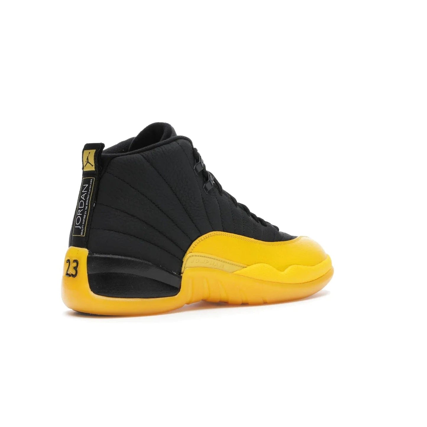 Jordan 12 Retro Black University Gold - Image 33 - Only at www.BallersClubKickz.com - This Jordan 12 Retro features a black tumbled leather upper and University Gold accents for a modern twist. Boasting Jordan "Two Three" branding and a yellow sole, these shoes will elevate your wardrobe. Fresh, sleek, and one of a kind - the Jordan 12 University Gold is your summer sneaker.