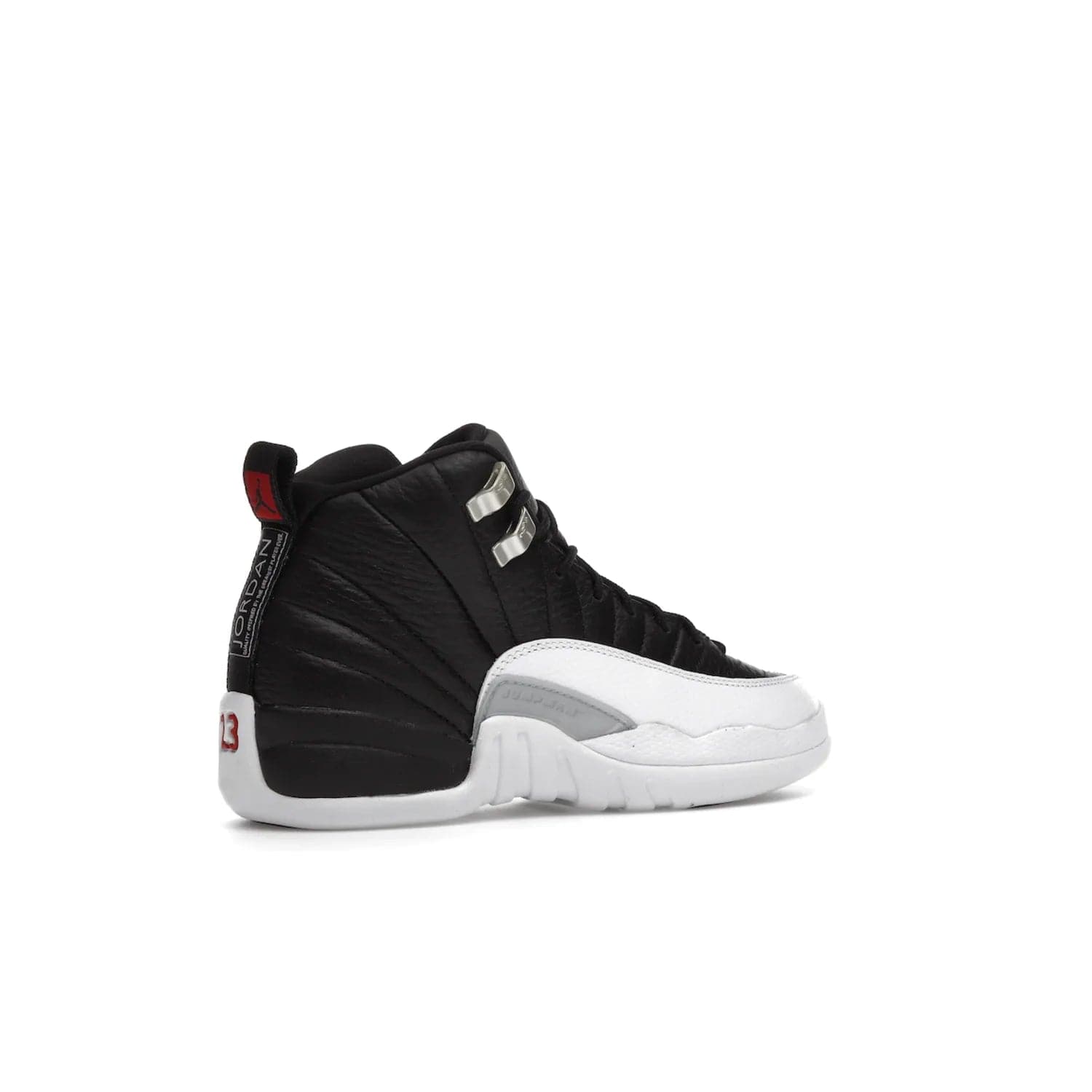 Jordan 12 Retro Playoffs (2022) (GS) - Image 34 - Only at www.BallersClubKickz.com - Air Jordan 12 Retro Playoffs GS 2022 for active young athletes. Comfort and style in a combination of black tumbled leather, white textured overlays and red/white/black outsole. Eye-catching details and signature carbon fiber shank plate.