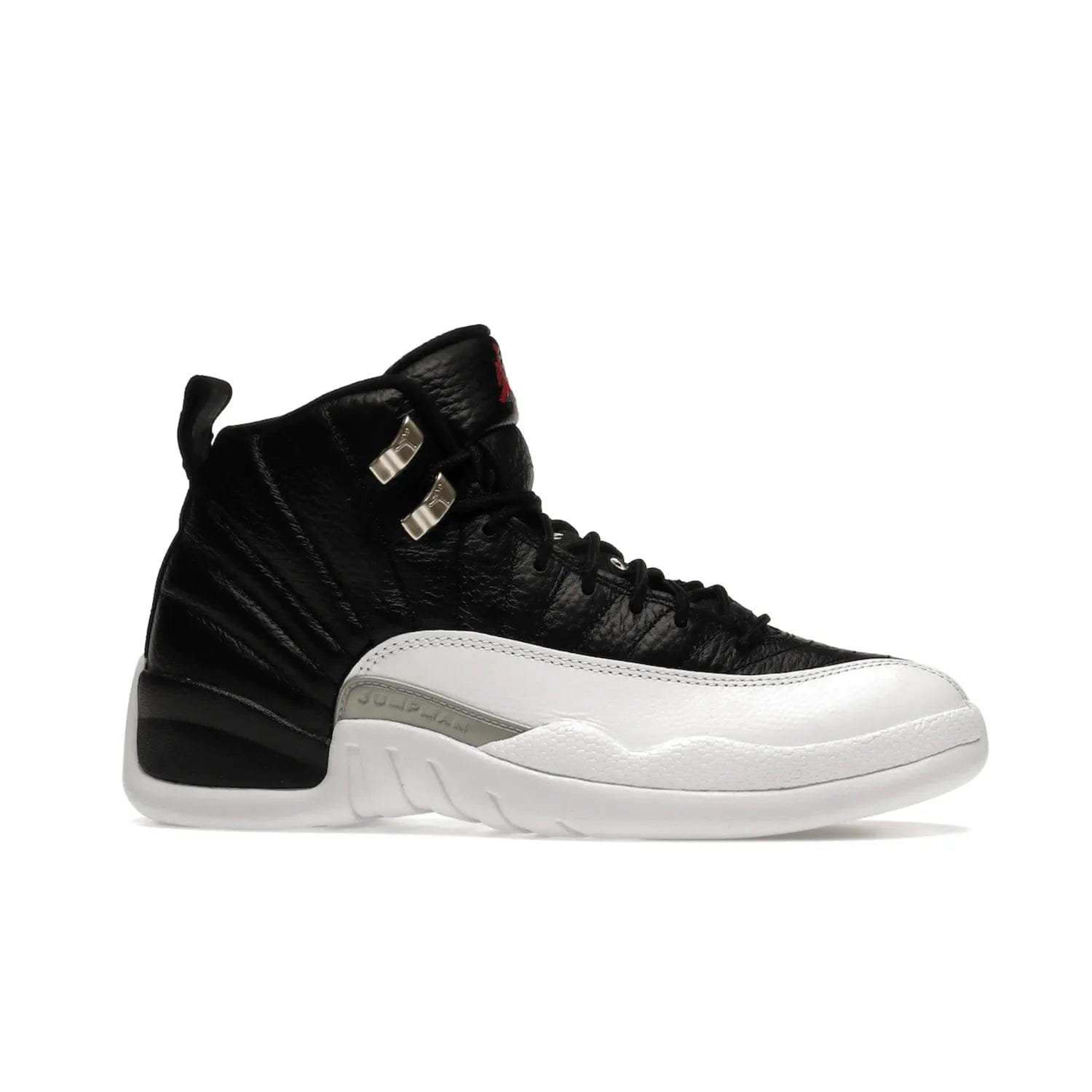 Jordan 12 Retro Playoffs (2022) - Image 2 - Only at www.BallersClubKickz.com - Retro Air Jordan 12 Playoffs. Celebrate 25 years with MJ's iconic shoe. Black tumbled leather upper, white sole with carbon fiber detailing and Jumpman embroidery. Must-have for any Jordan shoe fan. Releases March 2022.