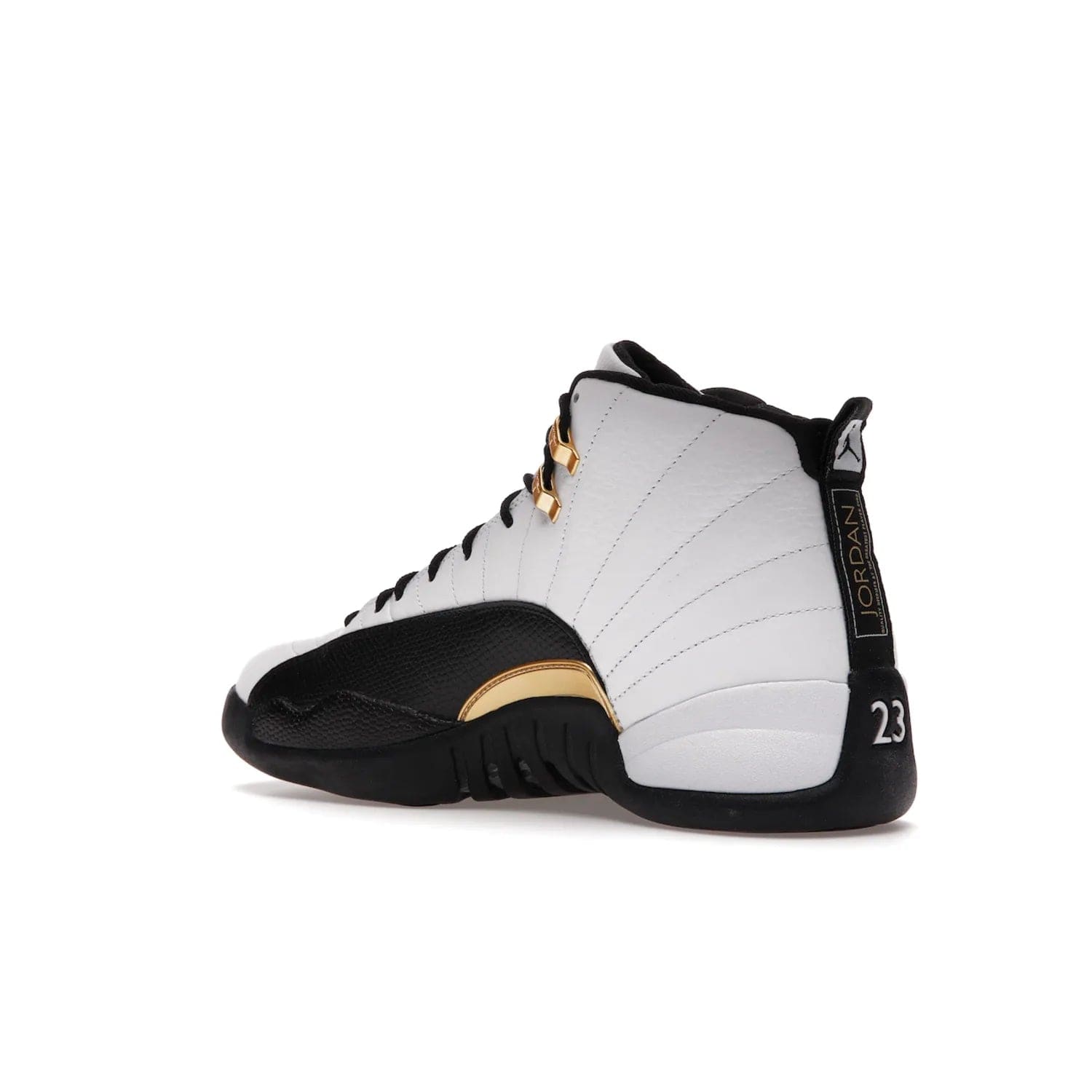 Jordan 12 Retro Royalty Taxi - Image 23 - Only at www.BallersClubKickz.com - Make a statement with the Air Jordan 12 Retro Royalty Taxi. Woven heel tag, gold plaquet, white tumbled leather upper plus a black toe wrap, make this modern take on the classic a must-have. Available in November 2021.