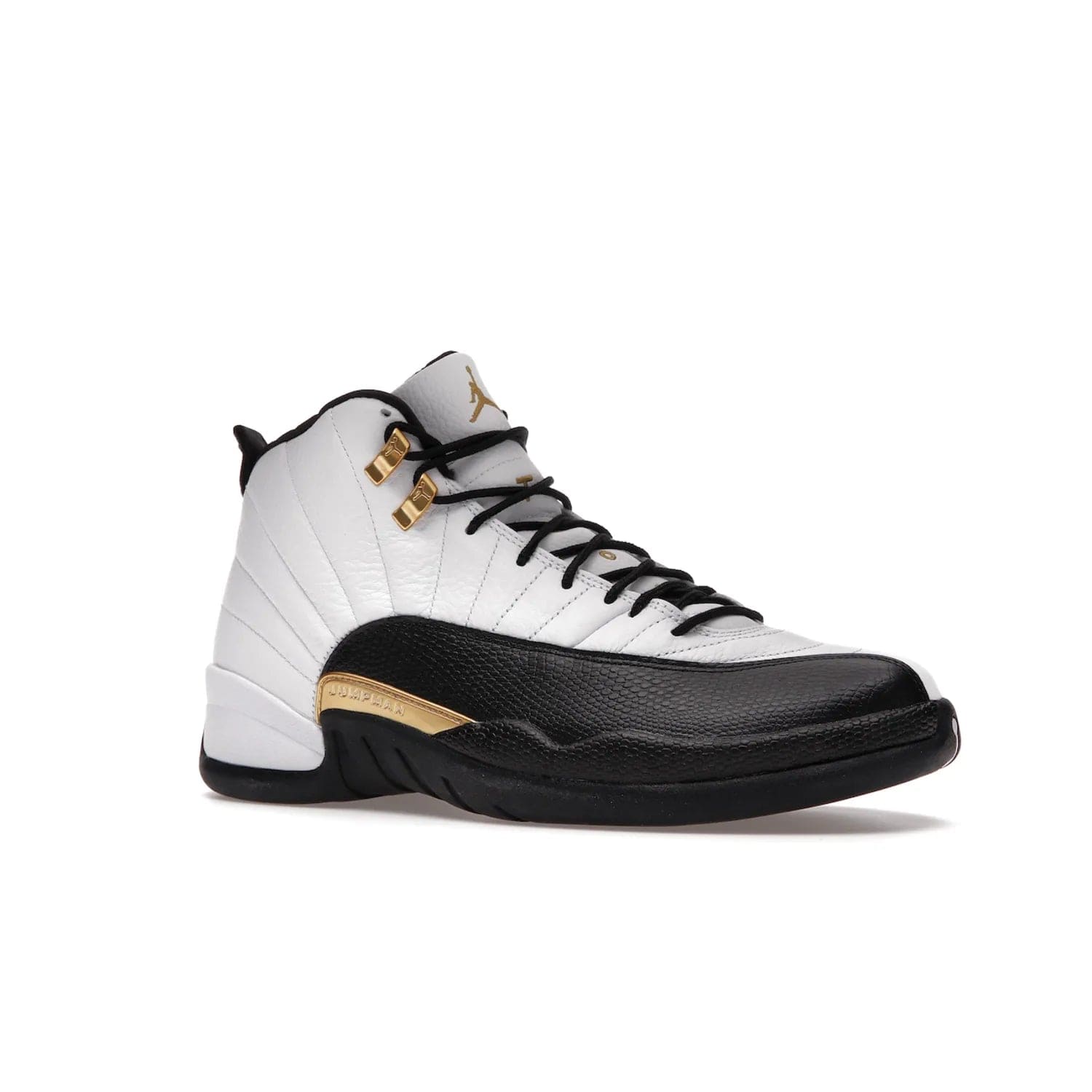 Jordan 12 Retro Royalty Taxi - Image 4 - Only at www.BallersClubKickz.com - Make a statement with the Air Jordan 12 Retro Royalty Taxi. Woven heel tag, gold plaquet, white tumbled leather upper plus a black toe wrap, make this modern take on the classic a must-have. Available in November 2021.