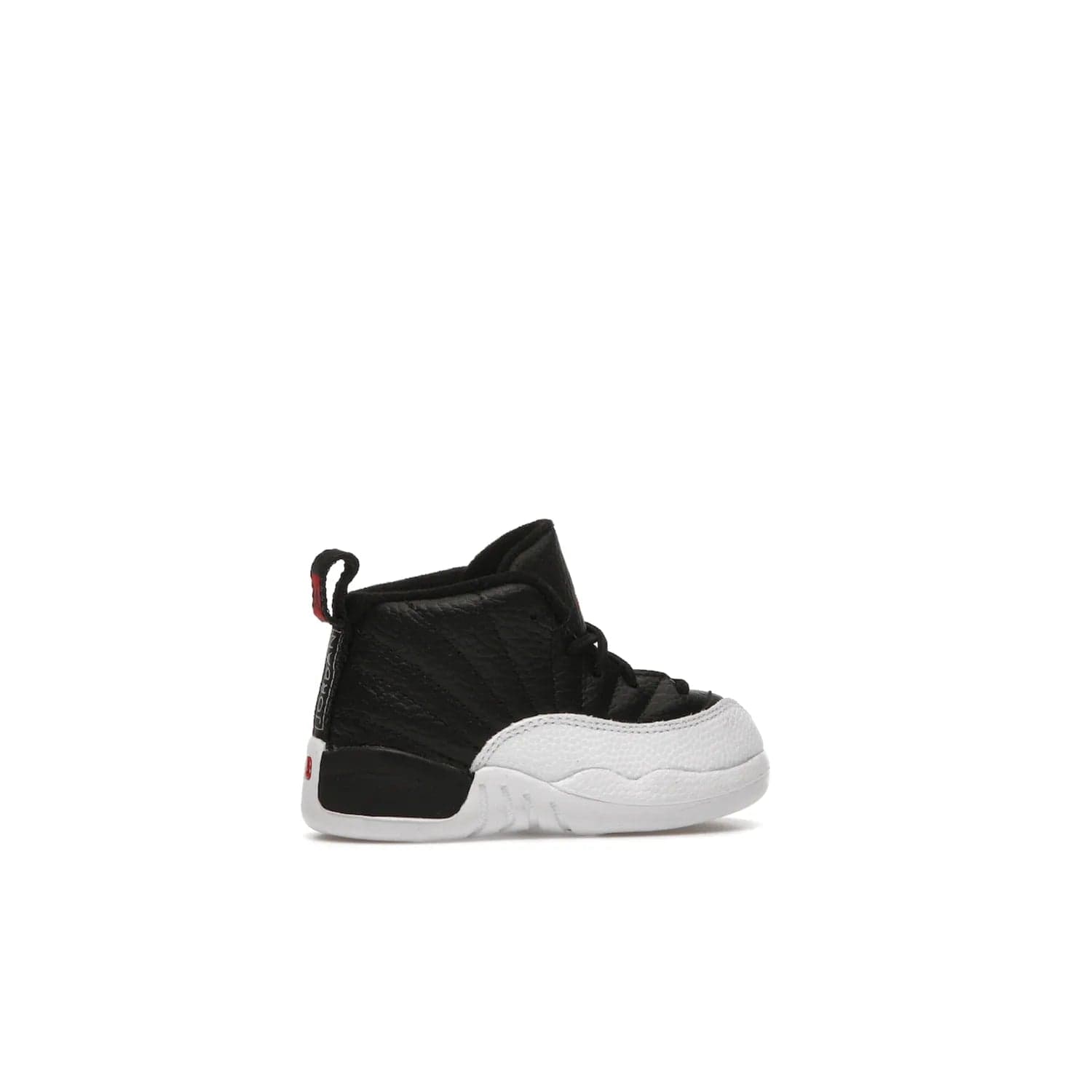 Jordan 12 Retro Playoffs (2022) (TD) - Image 35 - Only at www.BallersClubKickz.com - Stay stylish with the Air Jordan 12 Retro Playoffs 2022 (TD) toddler shoe. All-black upper with red and white accents plus subtle gold details. Bright white midsole and sole. Perfect for any outing or special event.