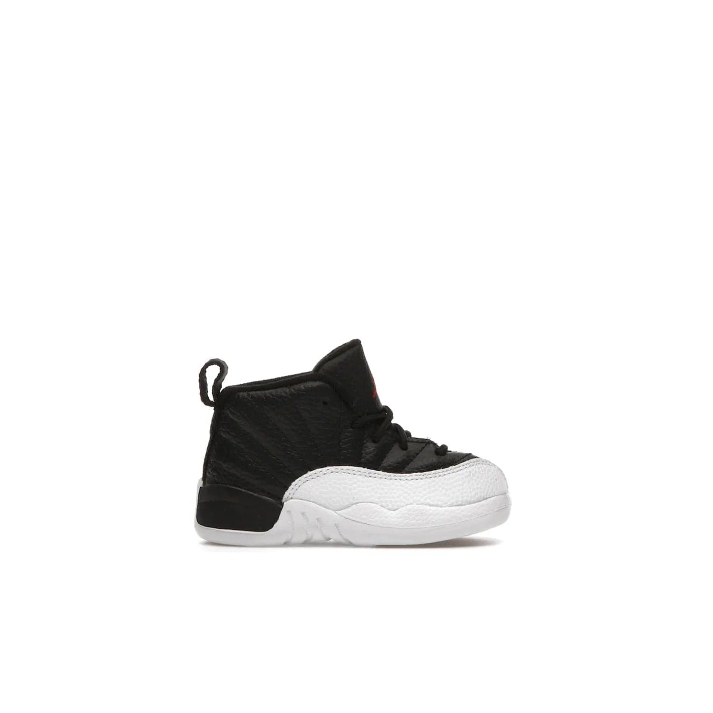 Jordan 12 Retro Playoffs (2022) (TD) - Image 1 - Only at www.BallersClubKickz.com - Stay stylish with the Air Jordan 12 Retro Playoffs 2022 (TD) toddler shoe. All-black upper with red and white accents plus subtle gold details. Bright white midsole and sole. Perfect for any outing or special event.