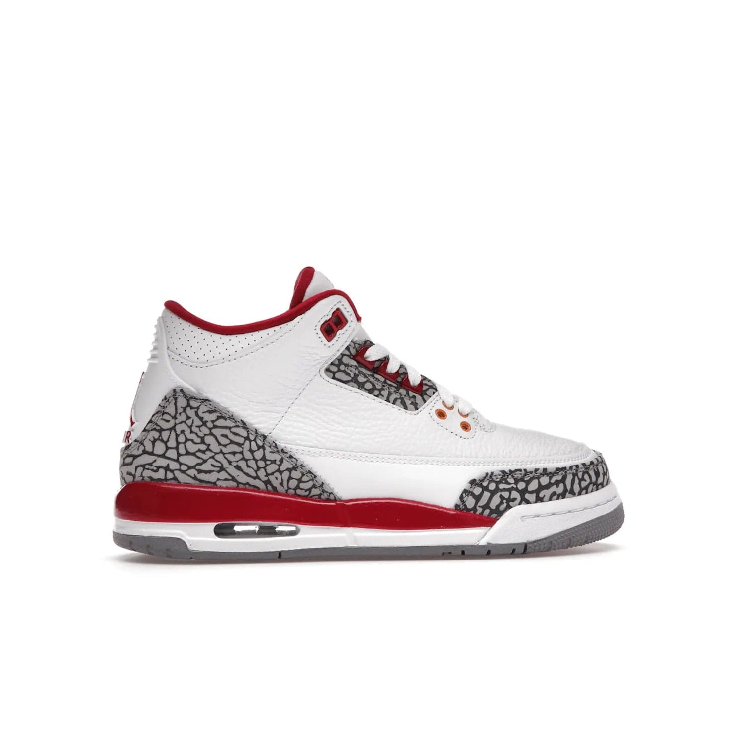 Jordan 3 Retro Cardinal (GS) - Image 36 - Only at www.BallersClubKickz.com - Shop the kid-sized Air Jordan 3 Retro Cardinal GS, released Feb 2022. White tumbled leather upper, light curry accenting, cement grey and classic red details throughout. Visible Air cushioning, midsole, and an eye-catching outsole. Show off your style with this fashionable streetwear silhouette.