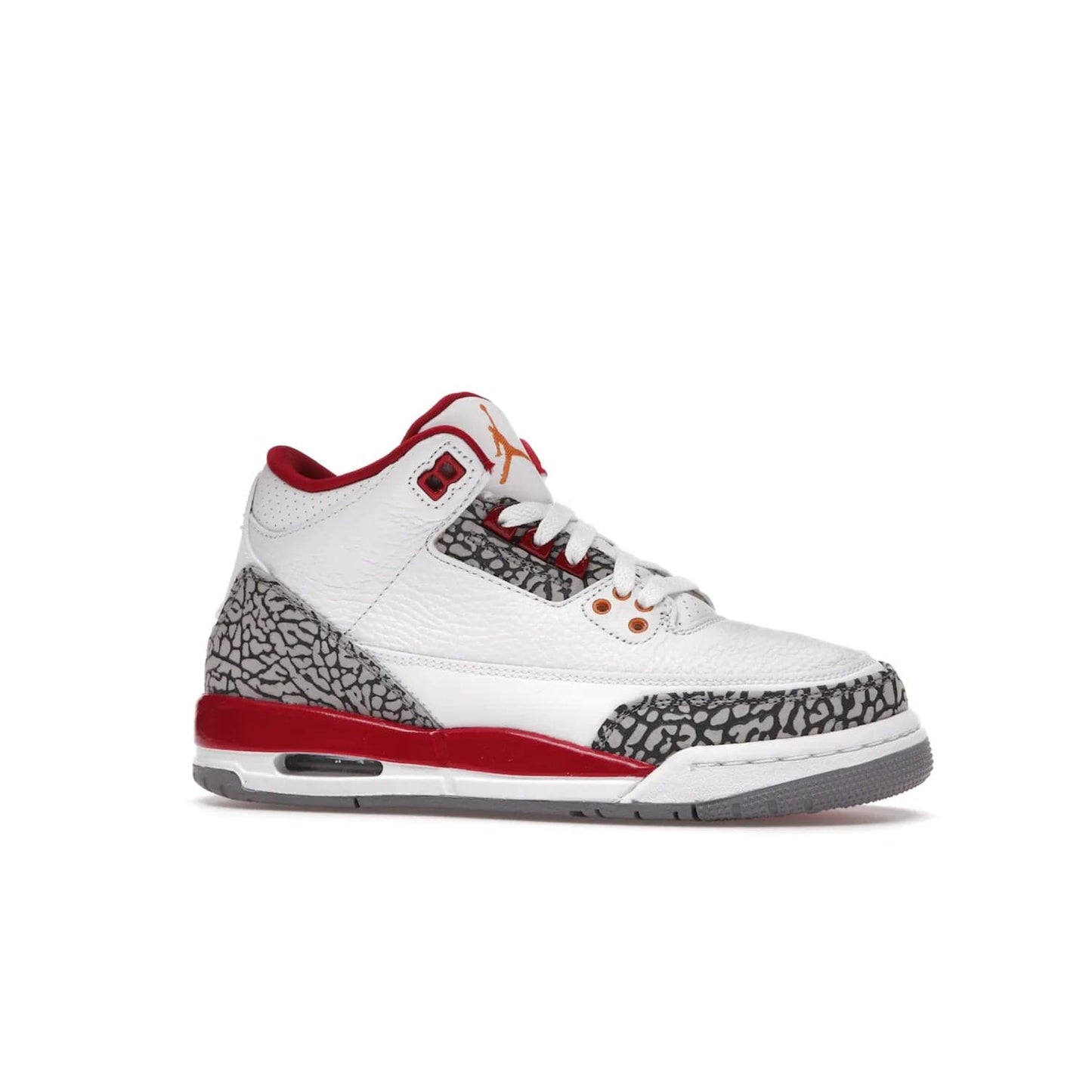 Jordan 3 Retro Cardinal (GS) - Image 3 - Only at www.BallersClubKickz.com - Shop the kid-sized Air Jordan 3 Retro Cardinal GS, released Feb 2022. White tumbled leather upper, light curry accenting, cement grey and classic red details throughout. Visible Air cushioning, midsole, and an eye-catching outsole. Show off your style with this fashionable streetwear silhouette.