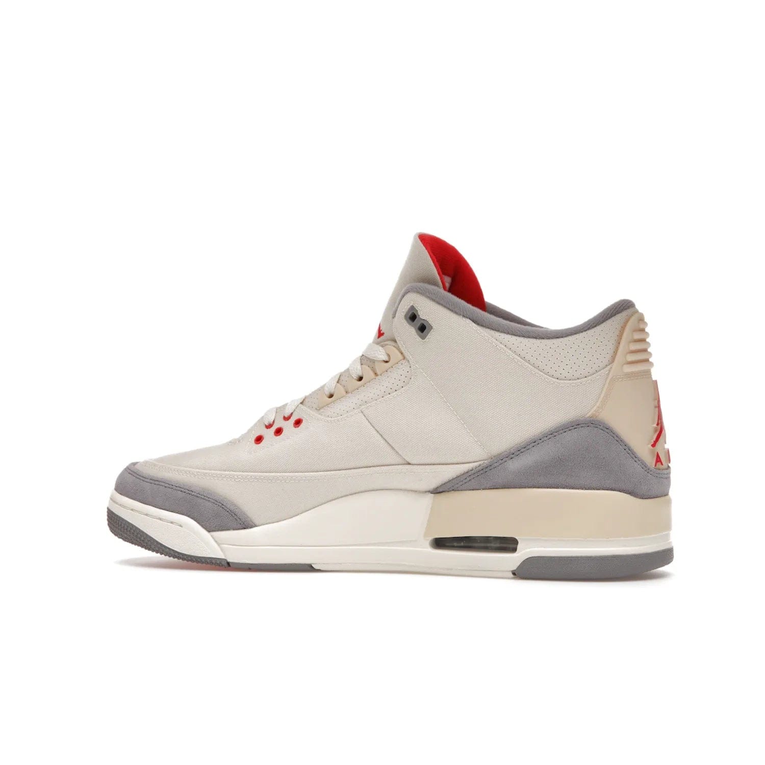 Jordan 3 Retro Muslin - Image 21 - Only at www.BallersClubKickz.com - Eye-catching Air Jordan 3 Retro Muslin in a neutral palette of grey, cream, and red. Featuring canvas upper, suede overlays and white/grey Air Max sole. Available in March 2022.
