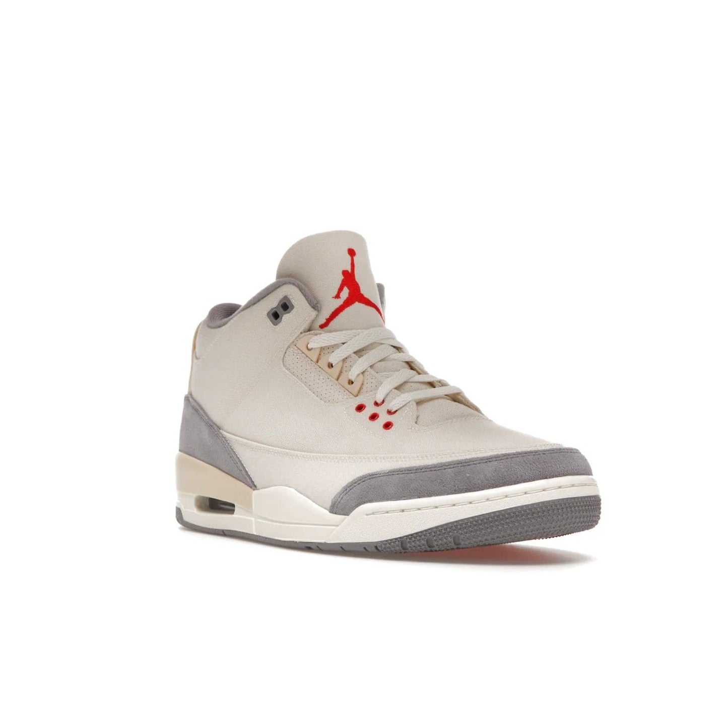 Jordan 3 Retro Muslin - Image 6 - Only at www.BallersClubKickz.com - Eye-catching Air Jordan 3 Retro Muslin in a neutral palette of grey, cream, and red. Featuring canvas upper, suede overlays and white/grey Air Max sole. Available in March 2022.