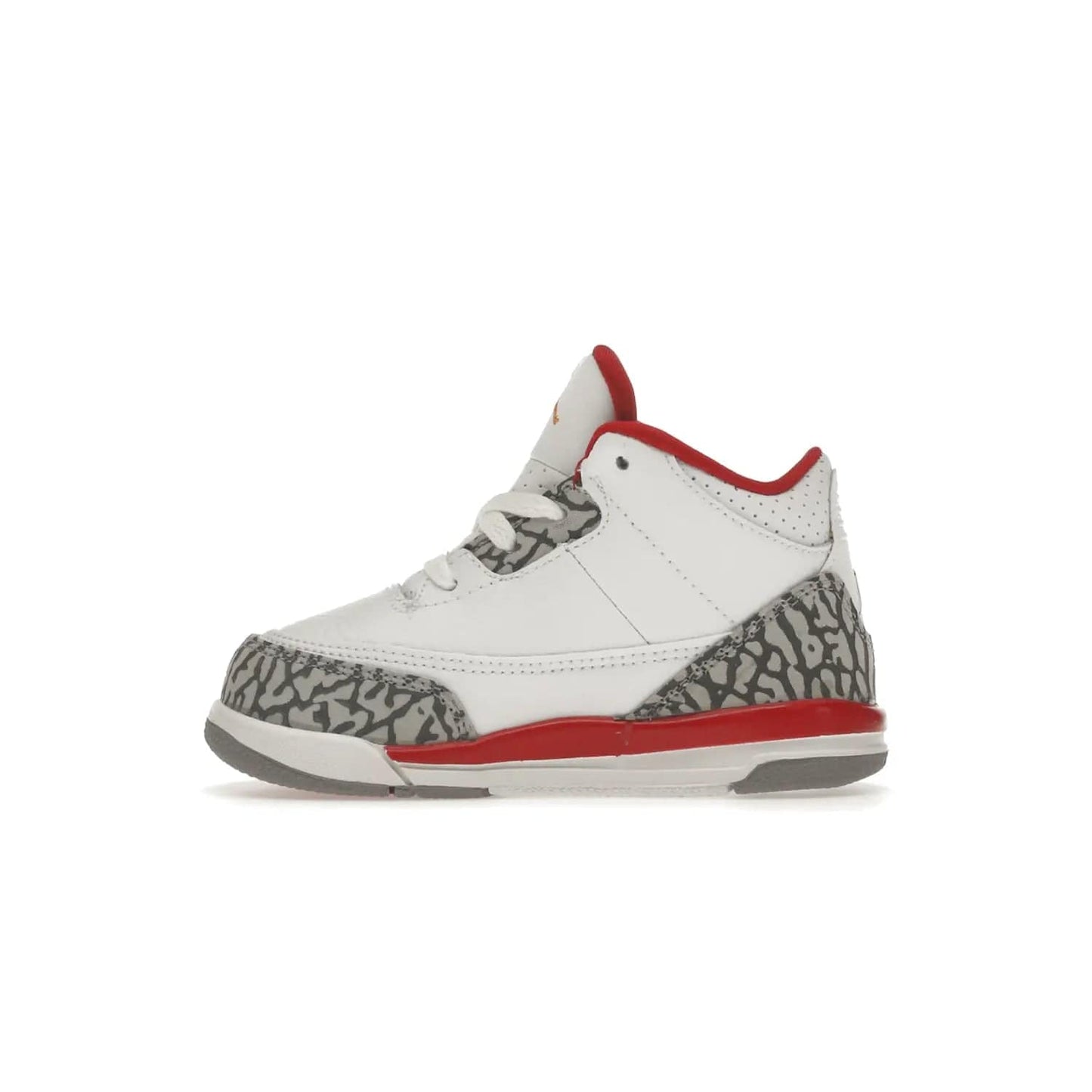 Jordan 3 Retro Cardinal (TD) - Image 19 - Only at www.BallersClubKickz.com - Stylish Air Jordan 3 Retro Cardinal (Toddler) features pebbled leather & smooth leather combo, white, light curry, red & grey print, iconic AJ logo & midsole, & black & yellow patches. Perfect for stylish toddlers.