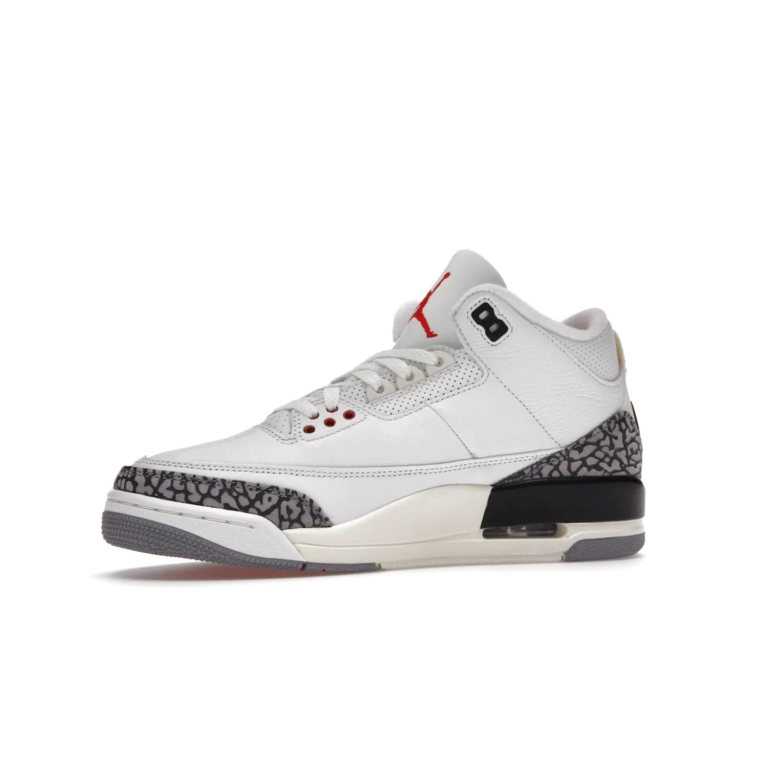 Jordan 3 Retro White Cement Reimagined - Image 17 - Only at www.BallersClubKickz.com - The Reimagined Air Jordan 3 Retro in a Summit White/Fire Red/Black/Cement Grey colorway is launching on March 11, 2023. Featuring a white leather upper, off-white midsoles and heel tabs, this vintage-look sneaker is a must-have.
