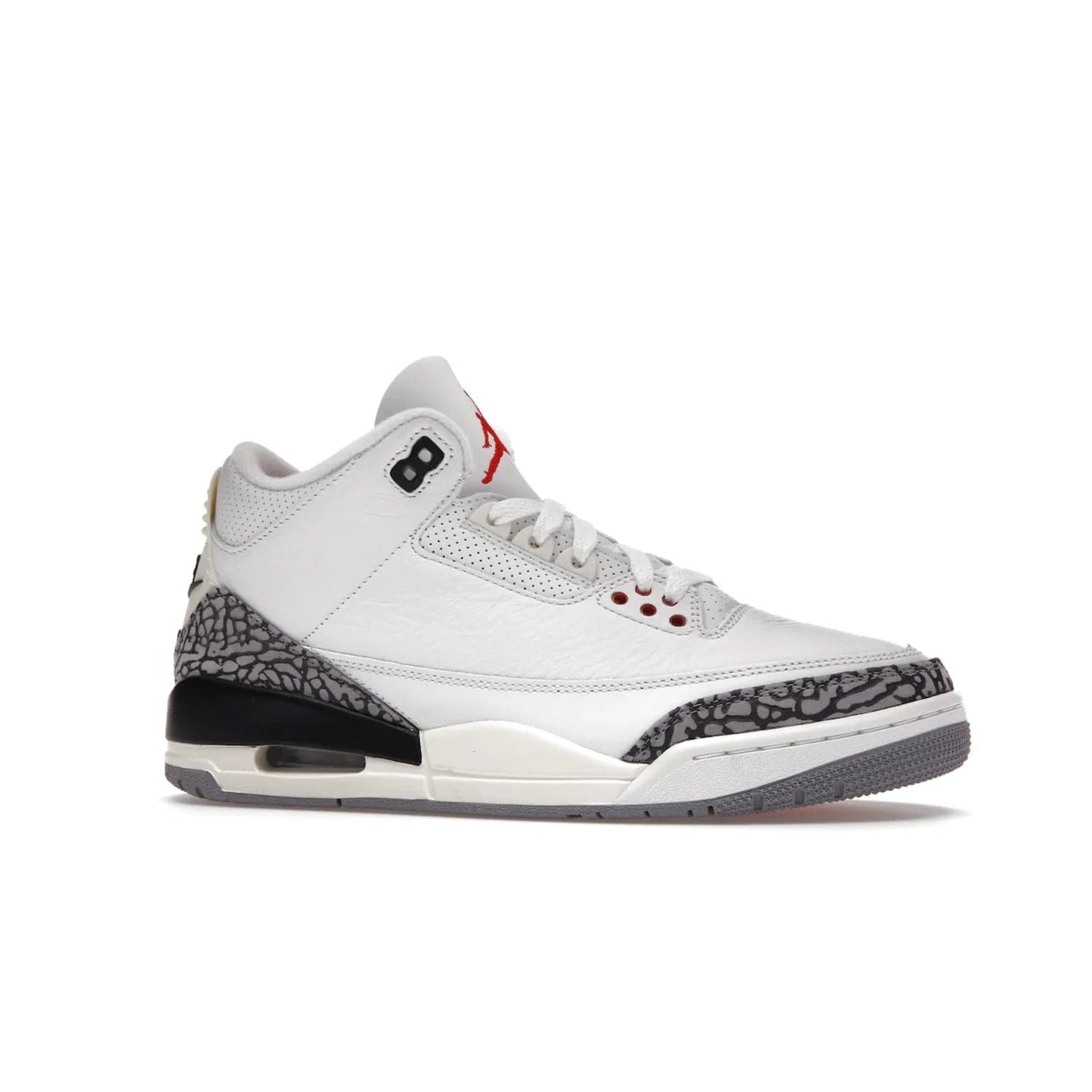 Jordan 3 Retro White Cement Reimagined - Image 3 - Only at www.BallersClubKickz.com - The Reimagined Air Jordan 3 Retro in a Summit White/Fire Red/Black/Cement Grey colorway is launching on March 11, 2023. Featuring a white leather upper, off-white midsoles and heel tabs, this vintage-look sneaker is a must-have.
