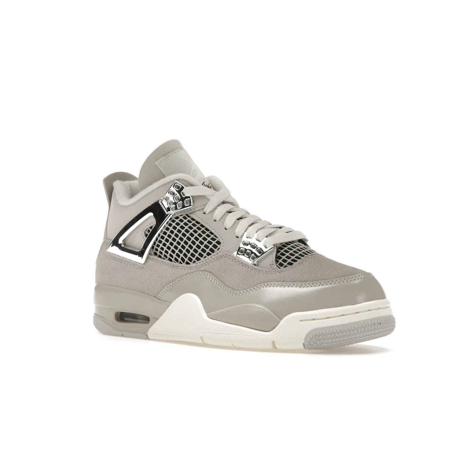 Jordan 4 Retro Frozen Moments (Women's) - Image 5 - Only at www.BallersClubKickz.com - The Jordan 4 Retro Frozen Moments is a stylish blend of classic design elements and modern tones. Featuring suede and leather overlays in a light iron-ore, sail, neutral grey, black, and metallic silver colorway. Get this iconic high-performance sneaker for $210.