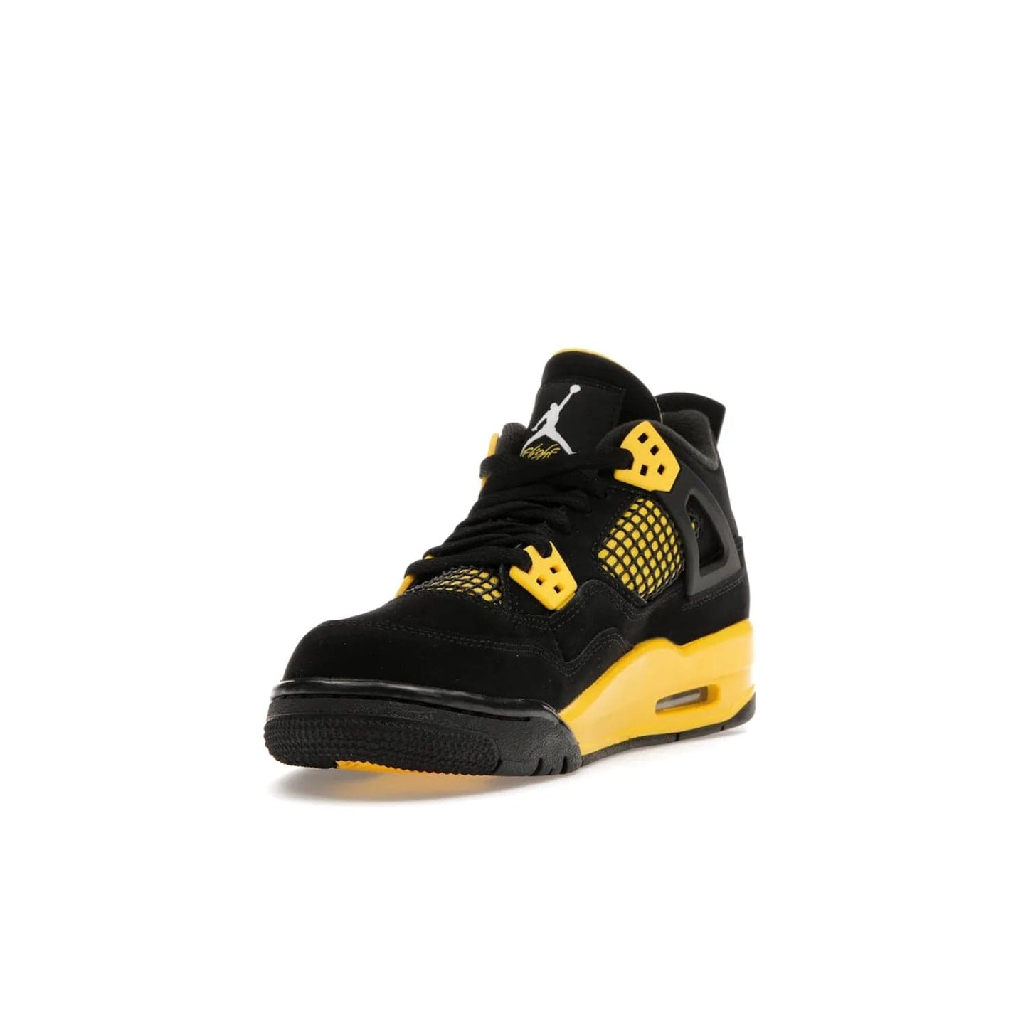 Jordan 4 Retro Thunder (2023) (GS) - Image 13 - Only at www.BallersClubKickz.com - Introducing the iconic Jordan 4 Retro Thunder from the 2023 collection! Sleek black and Tour Yellow detailing. Signature Jordan tongue tab. Mesmerizing design for sneaker collectors. Get yours now!