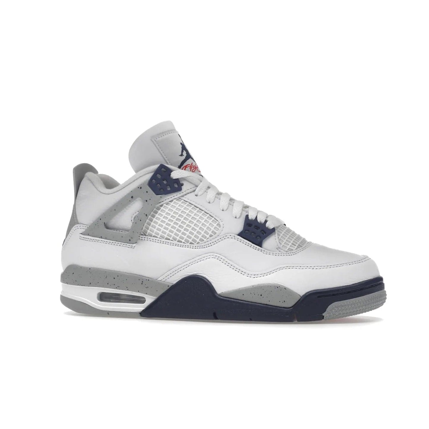 Jordan 4 Retro Midnight Navy - Image 3 - Only at www.BallersClubKickz.com - Shop the Air Jordan Retro 4 White Midnight Navy. Stand out with a classic white leather upper, black support wings, midnight navy eyelets, and Crimson Jumpman tongue tag. Unbeatable comfort with two-tone polyurethane midsole with encapsulated Air technology. Get yours before October 29th, 2022.