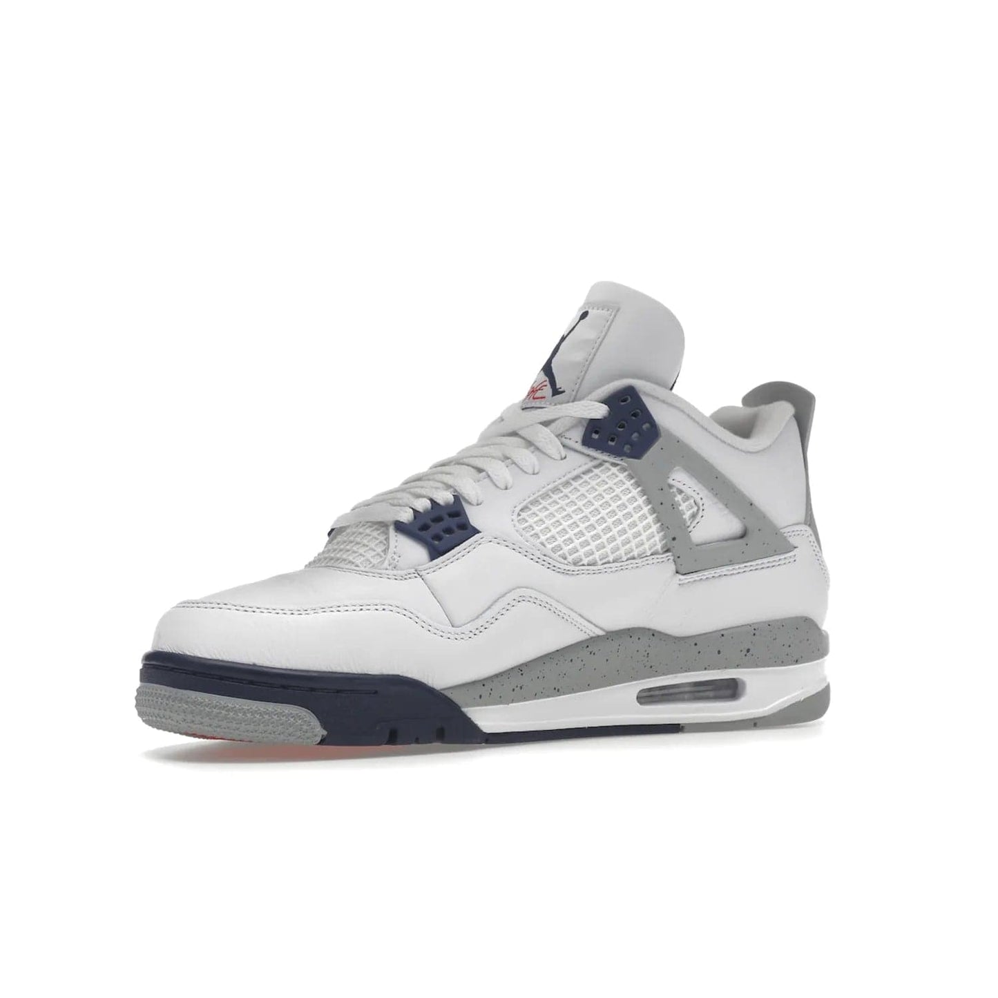 Jordan 4 Retro Midnight Navy - Image 16 - Only at www.BallersClubKickz.com - Shop the Air Jordan Retro 4 White Midnight Navy. Stand out with a classic white leather upper, black support wings, midnight navy eyelets, and Crimson Jumpman tongue tag. Unbeatable comfort with two-tone polyurethane midsole with encapsulated Air technology. Get yours before October 29th, 2022.