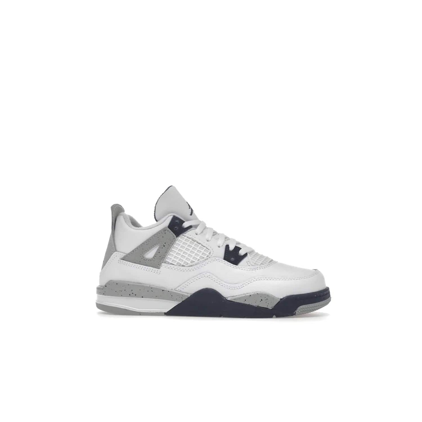 Jordan 4 Retro Midnight Navy (PS) - Image 2 - Only at www.BallersClubKickz.com - Get freshened up for the start of the year with the Air Jordan 4 Retro Midnight Navy PS. Boasting iconic 1989 styling with updated features, including white tumbled leather overlays, a foam midsole, and a rubber outsole. Look your best and order by October 29th, 2022.