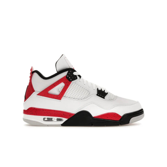 Jordan 4 Retro Red Cement - Image 1 - Only at www.BallersClubKickz.com - Iconic Jordan silhouette with a unique twist. White premium leather uppers with fire red and black detailing. Black, white, and fire red midsole with mesh detailing and Jumpman logo. Jordan 4 Retro Red Cement released with premium price.