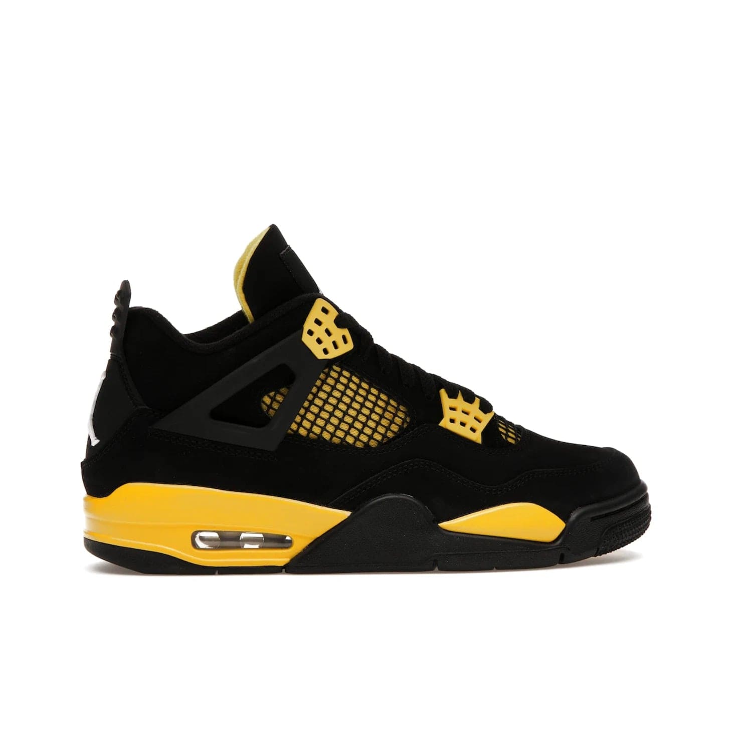 Jordan 4 Retro Thunder (2023) - Image 36 - Only at www.BallersClubKickz.com - Iconic Air Jordan 4 Retro Thunder (2023) returns with black nubuck upper and Tour Yellow details. Featuring Jumpman logo on heel tab, tongue and insoles. Dropping May 13th, 2023.