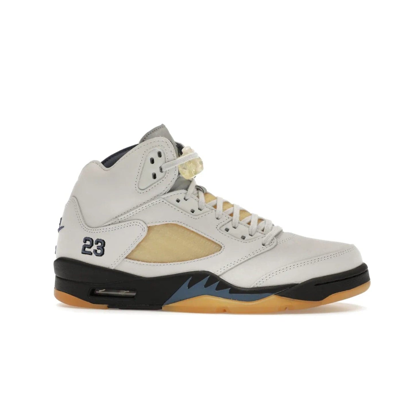 Jordan 5 Retro A Ma Maniére Dawn (Women's) - Image 2 - Only at www.BallersClubKickz.com - Catch the exclusive Air Jordan 5 Retro A Ma Maniére "Dawn" – a modern classic that combines elegance and street style. Get a gleaming metallic silver tongue, the iconic "23" heel, and signature shark teeth pattern. A Photon Dust/Black/Diffused Blue/Pale Ivory colorway, slimmed-down collar, and pre-yellowed quarter panel netting make this sneaker a must-have. Get your pair on November 17 and seize