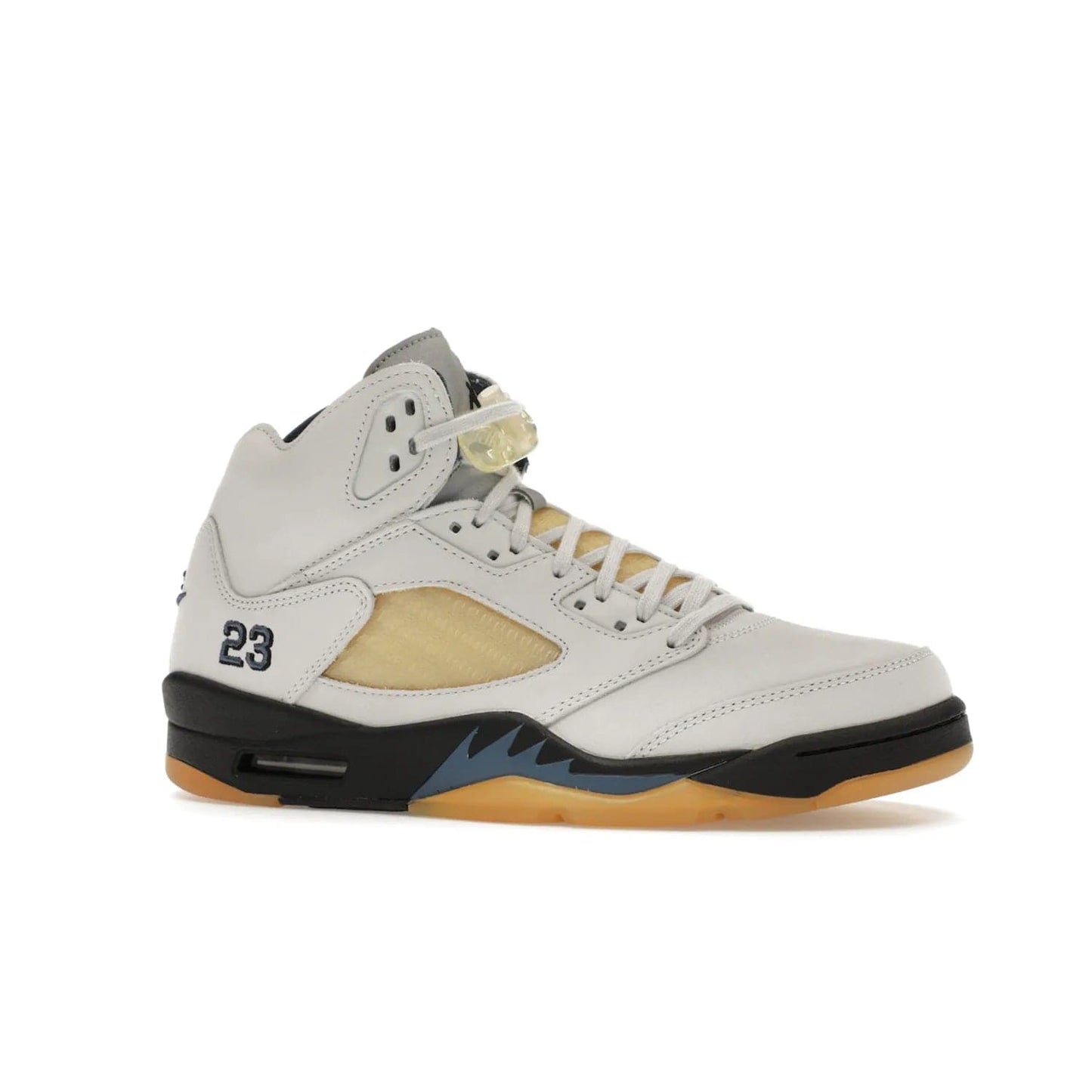Jordan 5 Retro A Ma Maniére Dawn (Women's) - Image 3 - Only at www.BallersClubKickz.com - Catch the exclusive Air Jordan 5 Retro A Ma Maniére "Dawn" – a modern classic that combines elegance and street style. Get a gleaming metallic silver tongue, the iconic "23" heel, and signature shark teeth pattern. A Photon Dust/Black/Diffused Blue/Pale Ivory colorway, slimmed-down collar, and pre-yellowed quarter panel netting make this sneaker a must-have. Get your pair on November 17 and seize