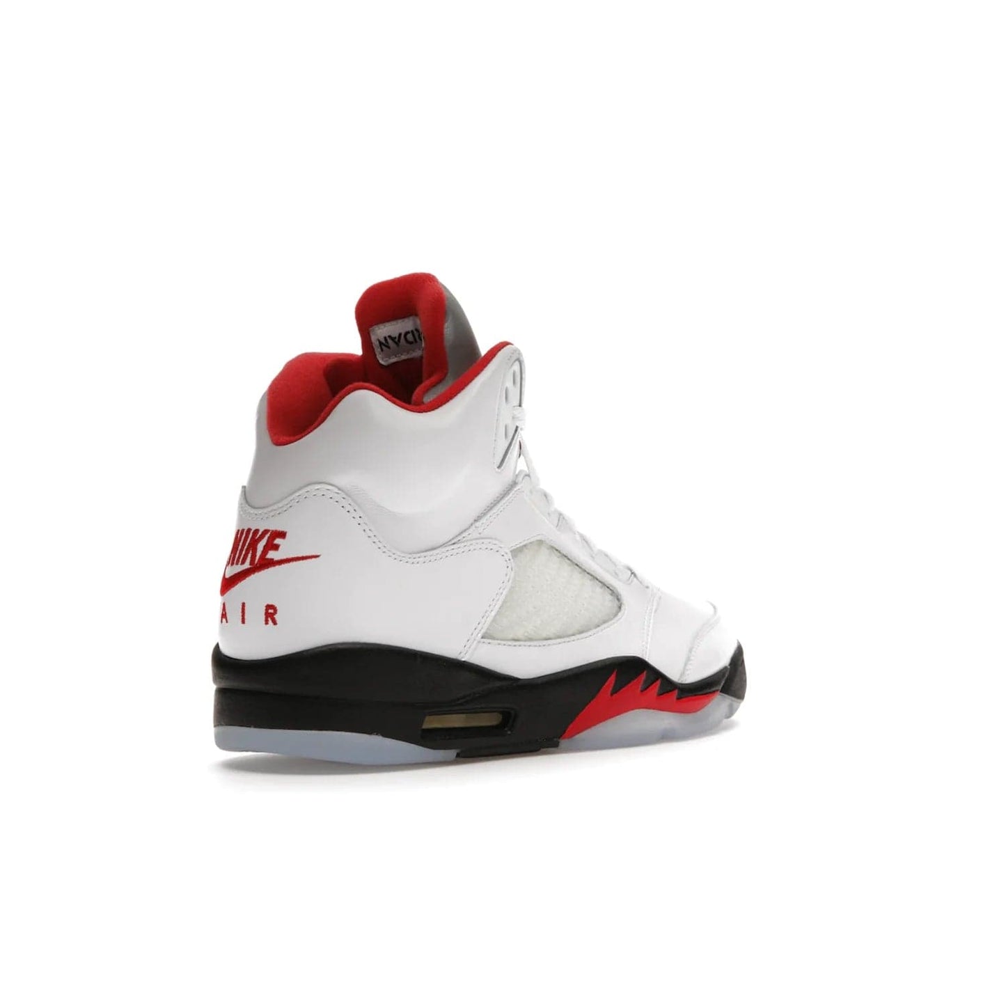 Jordan 5 Retro Fire Red Silver Tongue (2020) - Image 32 - Only at www.BallersClubKickz.com - Experience classic styling with the Jordan 5 Retro Fire Red Silver Tongue (2020). Features a white leather upper, 3M reflective tongue, midsole colorblocking, and an icy translucent outsole. Now available, upgrade your shoe collection today.