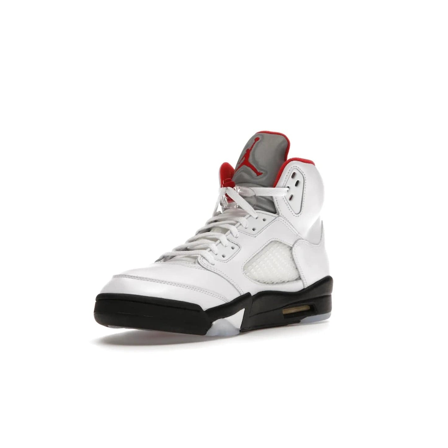 Jordan 5 Retro Fire Red Silver Tongue (2020) - Image 14 - Only at www.BallersClubKickz.com - Experience classic styling with the Jordan 5 Retro Fire Red Silver Tongue (2020). Features a white leather upper, 3M reflective tongue, midsole colorblocking, and an icy translucent outsole. Now available, upgrade your shoe collection today.