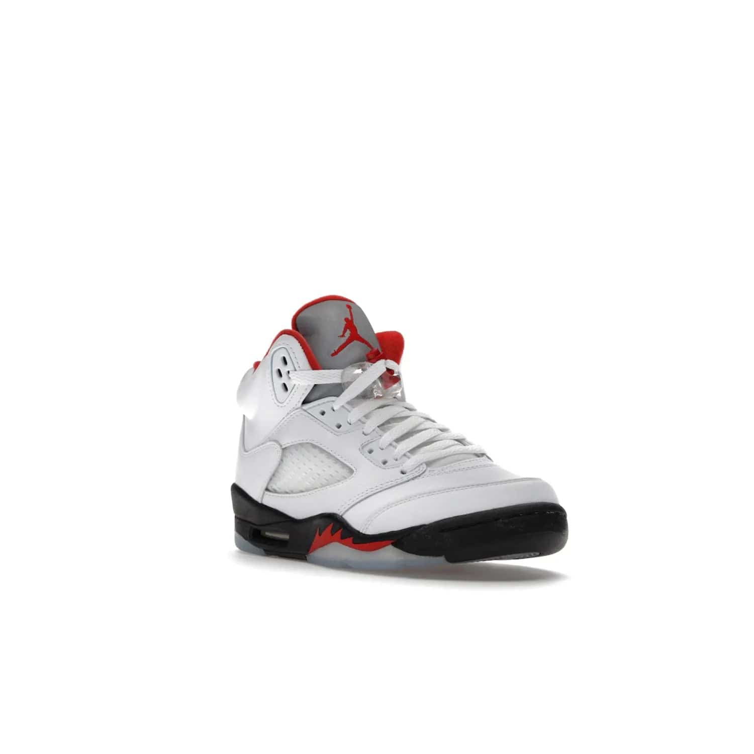Jordan 5 Retro Fire Red Silver Tongue (2020) (GS) - Image 6 - Only at www.BallersClubKickz.com - A stylish option for any grade schooler. The Air Jordan 5 Retro Fire Red Silver Tongue 2020 GS features a combination of four hues, premium white leather, a clear mesh mid-upper and a reflective silver tongue. An icy translucent blue outsole completes the look. Available on May 2, $150.