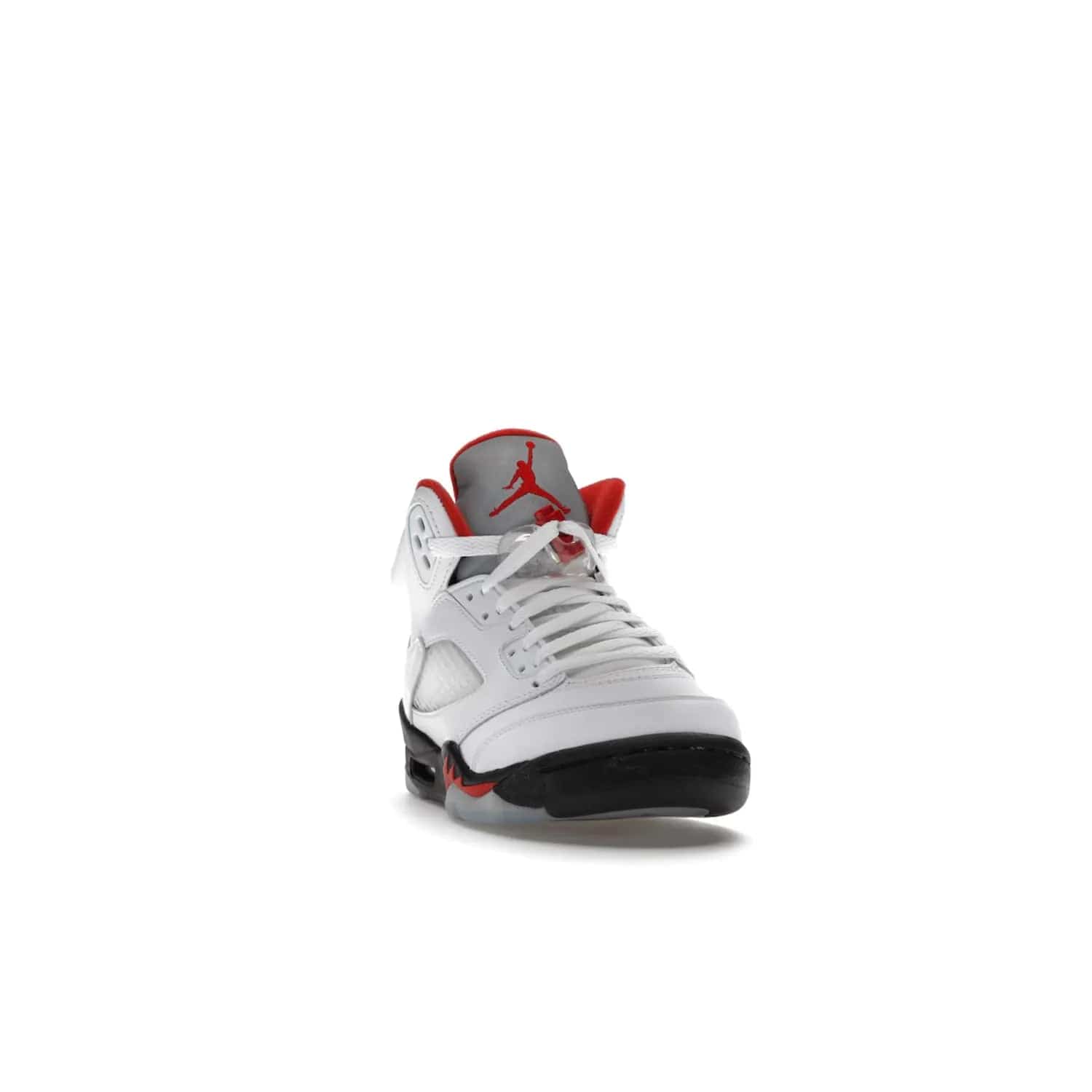 Jordan 5 Retro Fire Red Silver Tongue (2020) (GS) - Image 8 - Only at www.BallersClubKickz.com - A stylish option for any grade schooler. The Air Jordan 5 Retro Fire Red Silver Tongue 2020 GS features a combination of four hues, premium white leather, a clear mesh mid-upper and a reflective silver tongue. An icy translucent blue outsole completes the look. Available on May 2, $150.