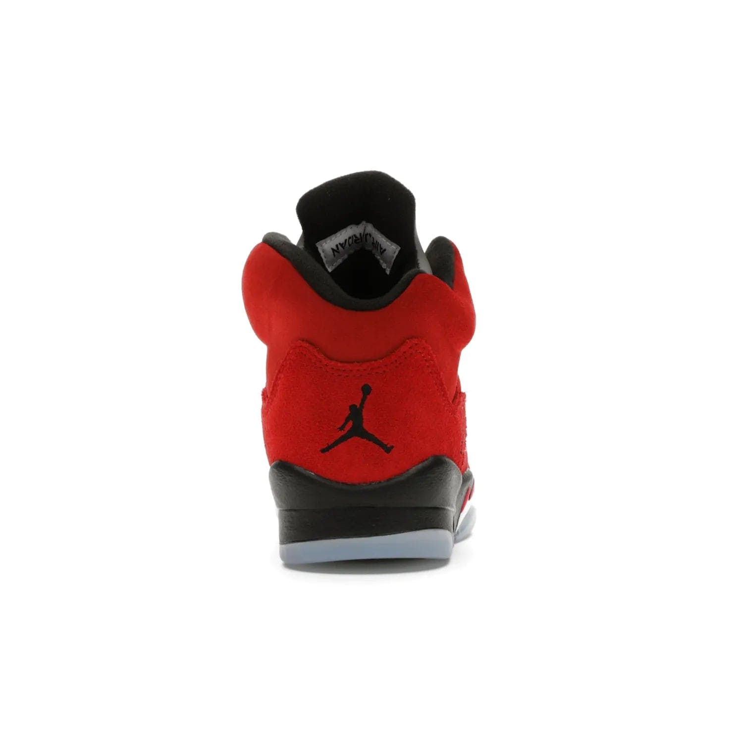 Jordan 5 Retro Raging Bull Red (2021) (GS) - Image 28 - Only at www.BallersClubKickz.com - Jordan 5 Retro Raging Bulls Red 2021 GS. Varsity Red suede upper with embroidered number 23, black leather detail, red laces, and midsole with air cushioning. Jumpman logos on tongue, heel, and outsole. On-trend streetwear and basketball style. Released April 10, 2021.