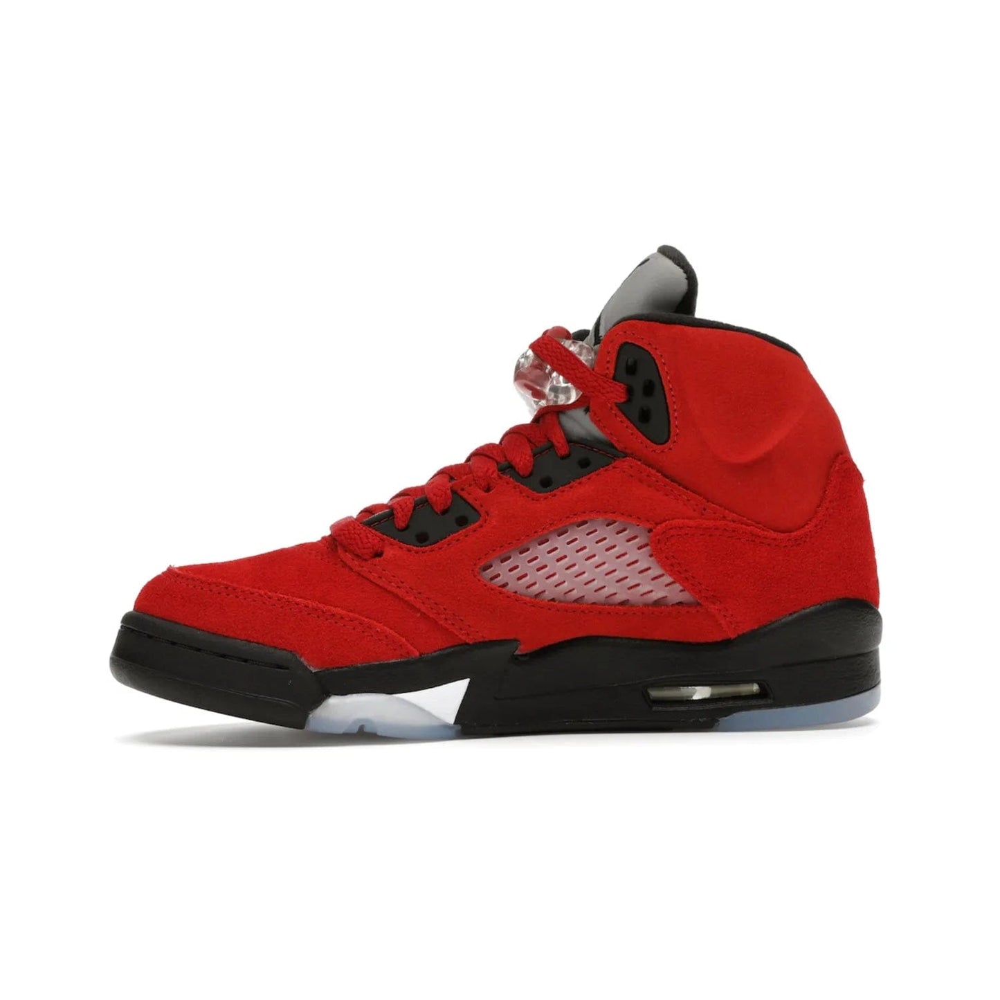 Jordan 5 Retro Raging Bull Red (2021) (GS) - Image 18 - Only at www.BallersClubKickz.com - Jordan 5 Retro Raging Bulls Red 2021 GS. Varsity Red suede upper with embroidered number 23, black leather detail, red laces, and midsole with air cushioning. Jumpman logos on tongue, heel, and outsole. On-trend streetwear and basketball style. Released April 10, 2021.