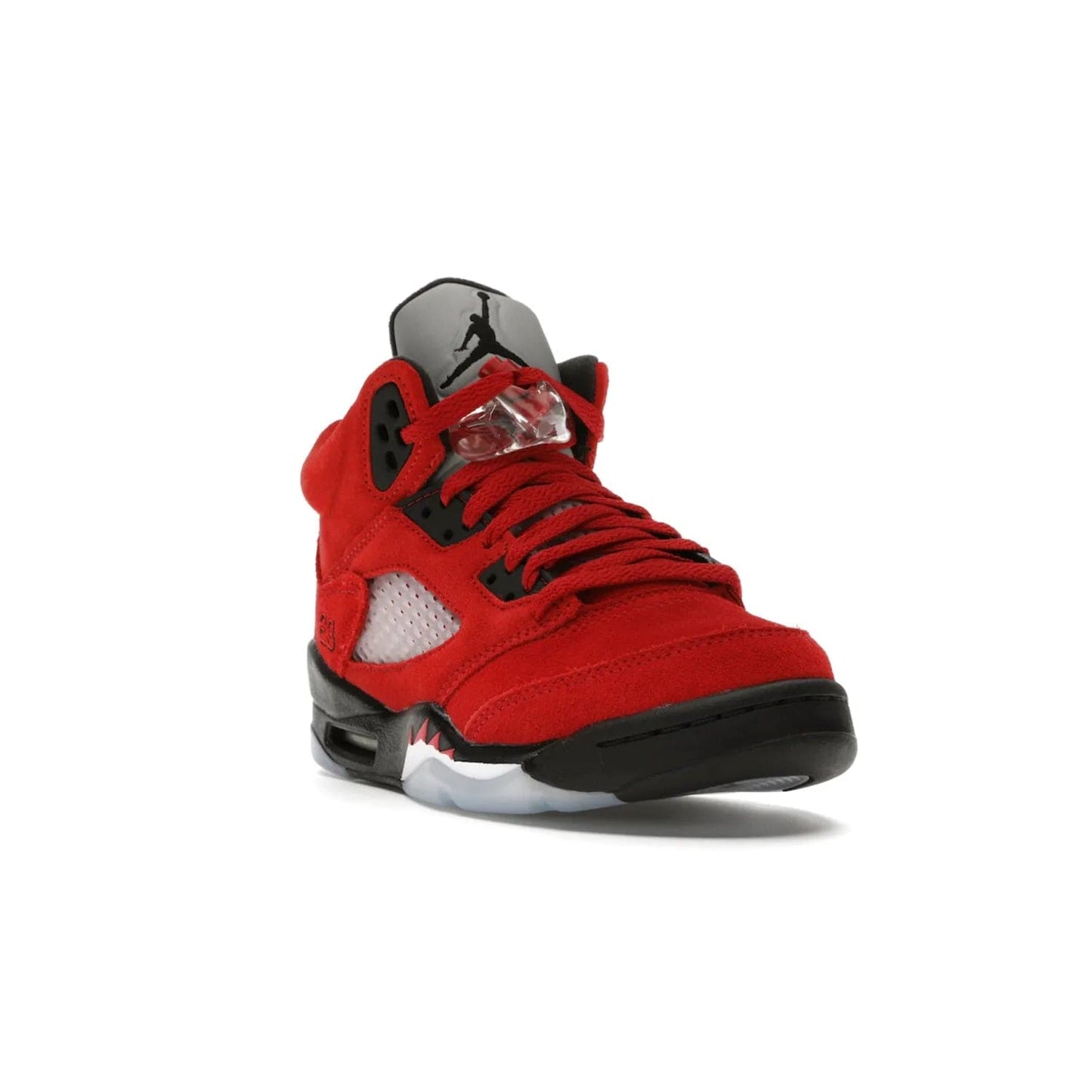 Jordan 5 Retro Raging Bull Red (2021) (GS) - Image 7 - Only at www.BallersClubKickz.com - Jordan 5 Retro Raging Bulls Red 2021 GS. Varsity Red suede upper with embroidered number 23, black leather detail, red laces, and midsole with air cushioning. Jumpman logos on tongue, heel, and outsole. On-trend streetwear and basketball style. Released April 10, 2021.