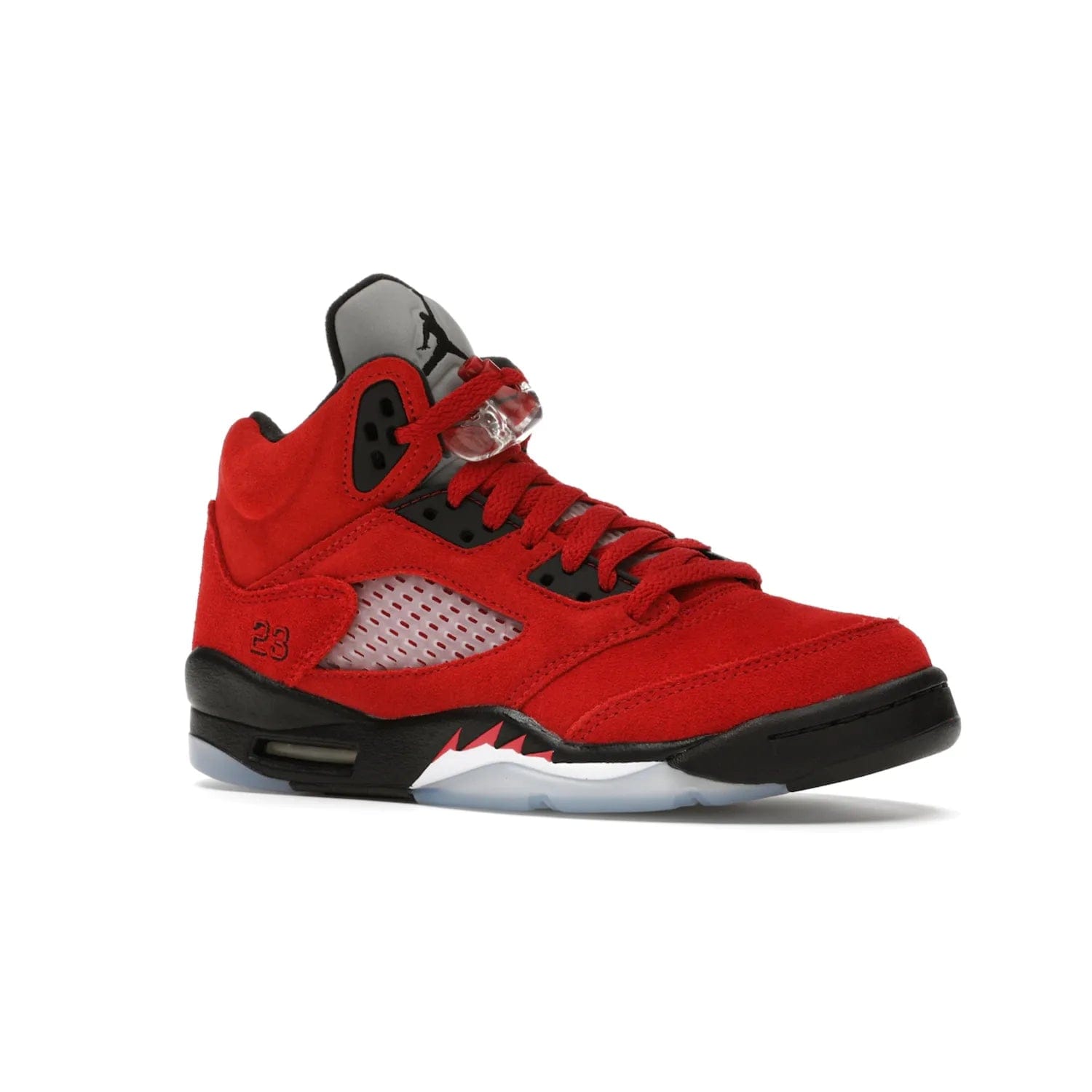 Jordan 5 Retro Raging Bull Red (2021) (GS) - Image 4 - Only at www.BallersClubKickz.com - Jordan 5 Retro Raging Bulls Red 2021 GS. Varsity Red suede upper with embroidered number 23, black leather detail, red laces, and midsole with air cushioning. Jumpman logos on tongue, heel, and outsole. On-trend streetwear and basketball style. Released April 10, 2021.