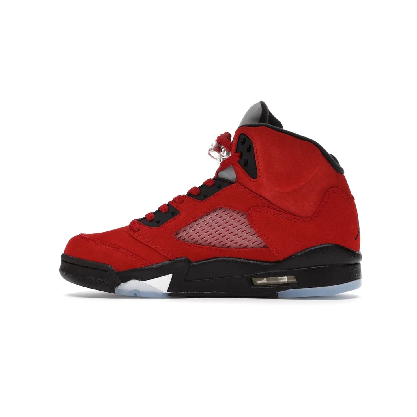 Jordan 5 Retro Raging Bull Red (2021) - Image 20 - Only at www.BallersClubKickz.com - Get ready for the 2021 stand-alone release of the Air Jordan 5 Raging Bulls! This all-suede upper combines luxe details like a Jumpman logo, red & black "23" embroidery and shark tooth detailing, atop a black midsole. Don't miss out - release date in April 2021 for $190.