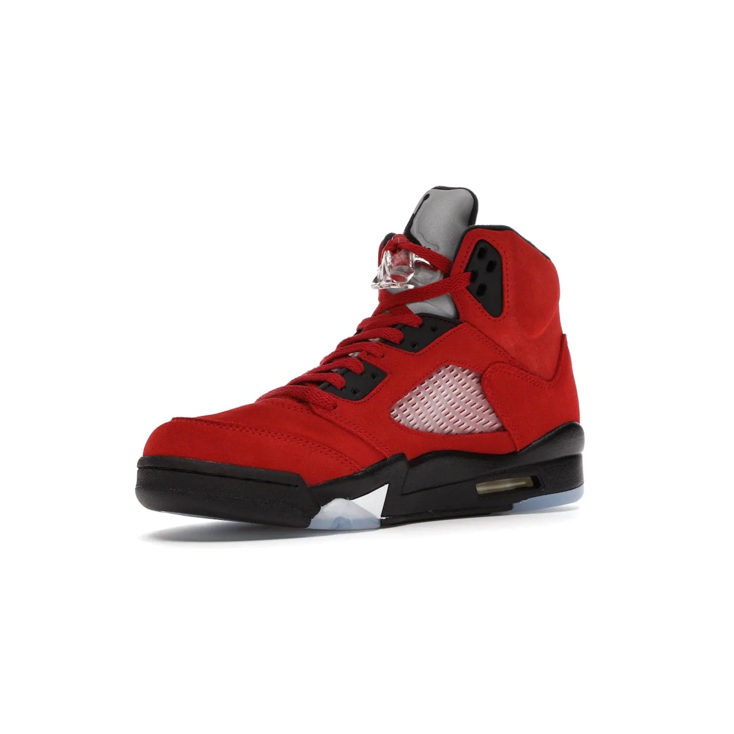 Jordan 5 Retro Raging Bull Red (2021) - Image 15 - Only at www.BallersClubKickz.com - Get ready for the 2021 stand-alone release of the Air Jordan 5 Raging Bulls! This all-suede upper combines luxe details like a Jumpman logo, red & black "23" embroidery and shark tooth detailing, atop a black midsole. Don't miss out - release date in April 2021 for $190.