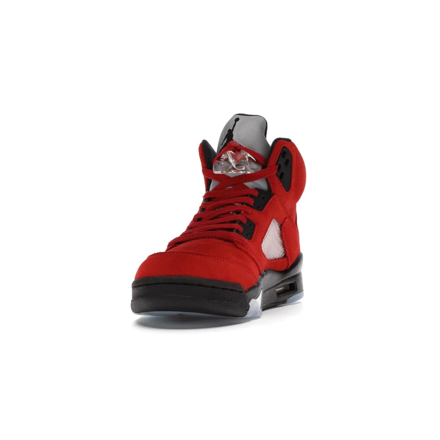 Jordan 5 Retro Raging Bull Red (2021) - Image 12 - Only at www.BallersClubKickz.com - Get ready for the 2021 stand-alone release of the Air Jordan 5 Raging Bulls! This all-suede upper combines luxe details like a Jumpman logo, red & black "23" embroidery and shark tooth detailing, atop a black midsole. Don't miss out - release date in April 2021 for $190.