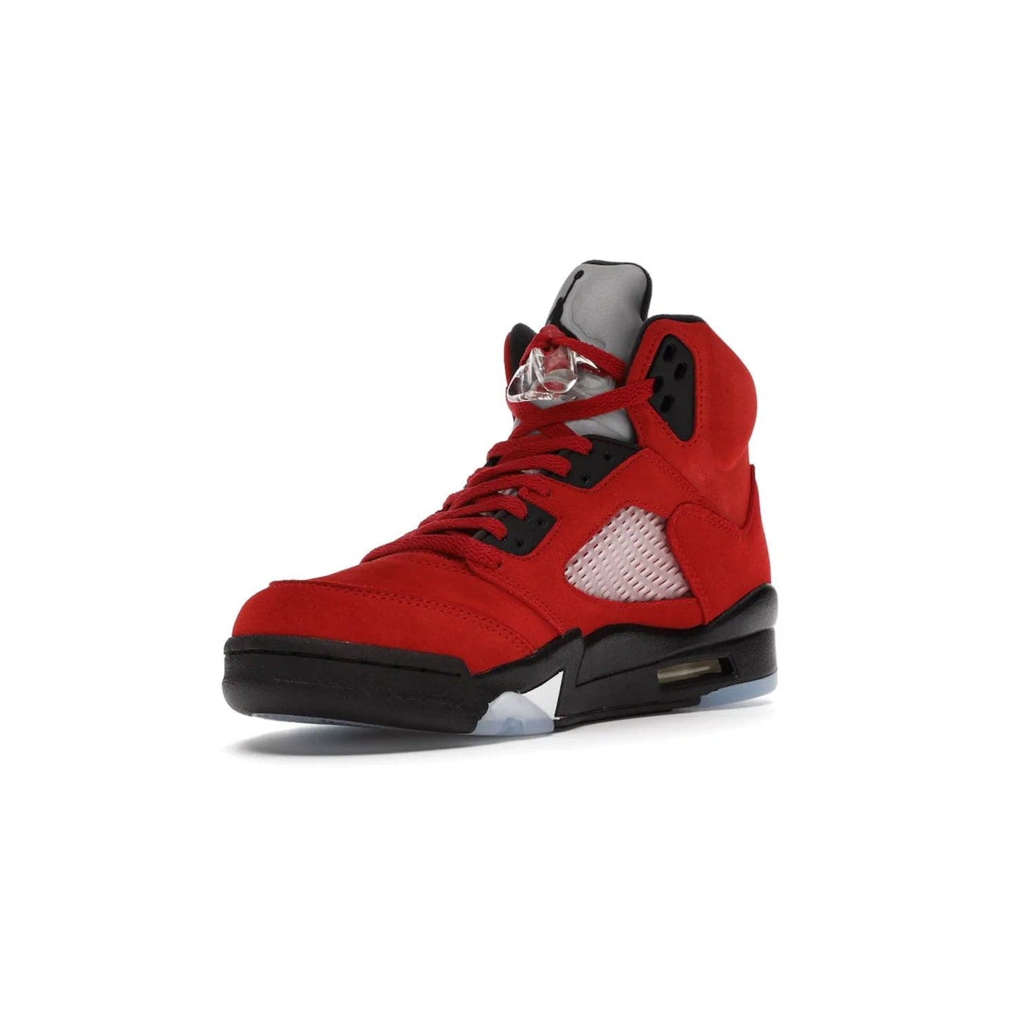 Jordan 5 Retro Raging Bull Red (2021) - Image 14 - Only at www.BallersClubKickz.com - Get ready for the 2021 stand-alone release of the Air Jordan 5 Raging Bulls! This all-suede upper combines luxe details like a Jumpman logo, red & black "23" embroidery and shark tooth detailing, atop a black midsole. Don't miss out - release date in April 2021 for $190.
