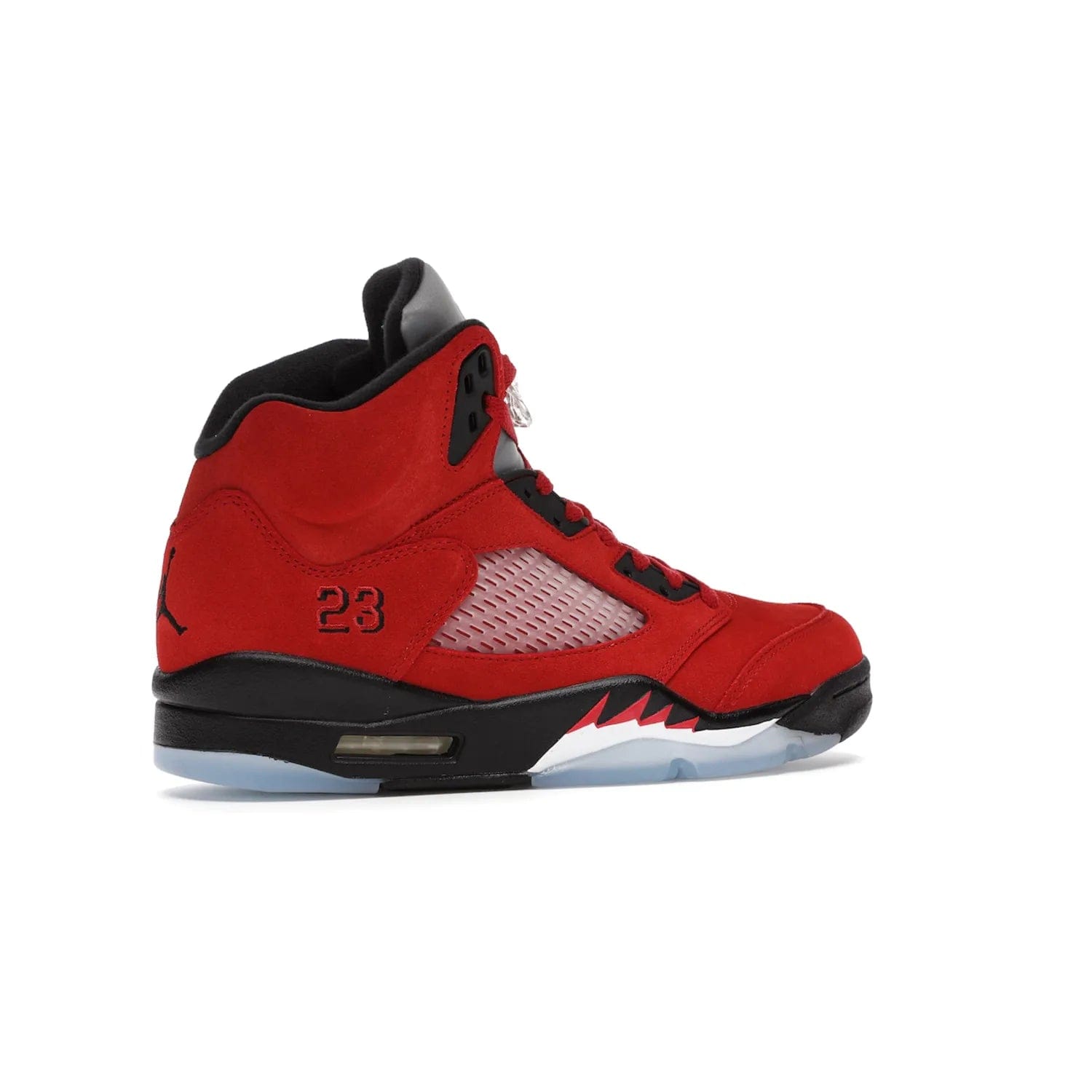 Jordan 5 Retro Raging Bull Red (2021) - Image 34 - Only at www.BallersClubKickz.com - Get ready for the 2021 stand-alone release of the Air Jordan 5 Raging Bulls! This all-suede upper combines luxe details like a Jumpman logo, red & black "23" embroidery and shark tooth detailing, atop a black midsole. Don't miss out - release date in April 2021 for $190.